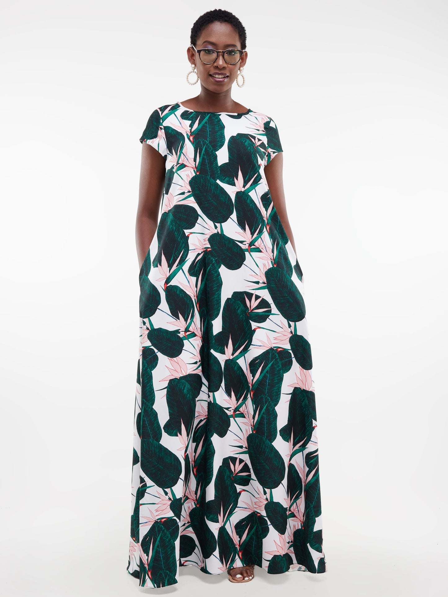 Vivo Basic Cap Sleeved Tent Maxi Dress - Green Print