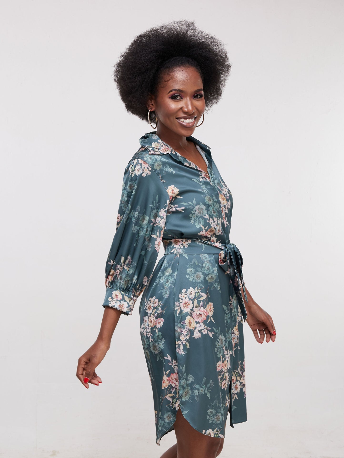 Vivo Thando 3/4 Bishop Sleeve Shirt Dress - Green Floral Print