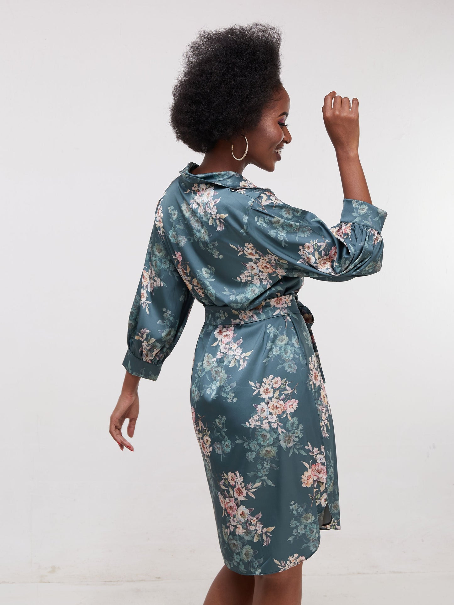 Vivo Thando 3/4 Bishop Sleeve Shirt Dress - Green Floral Print