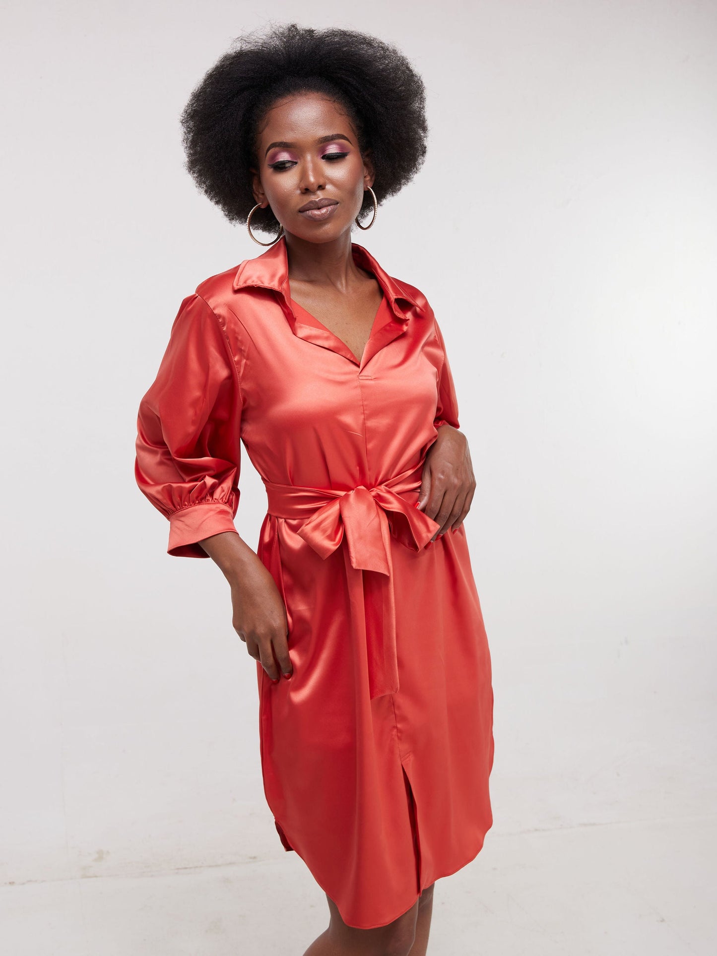 Vivo Thando 3/4 Bishop Sleeve Shirt Dress - Rust