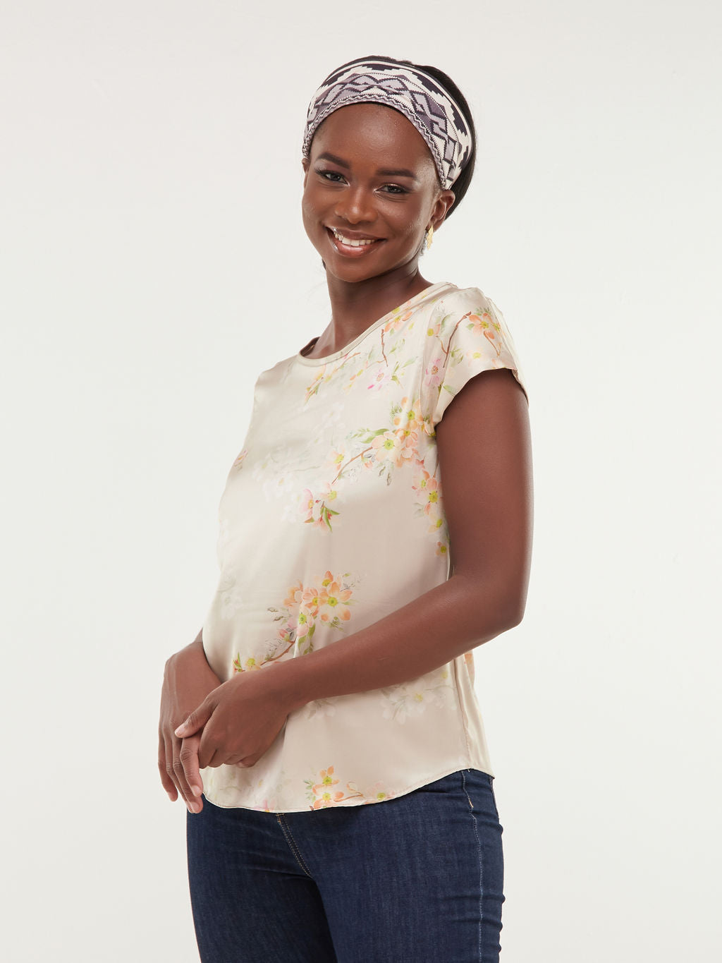 Vivo Basic Satin Cap Sleeve Top - Taupe Print
