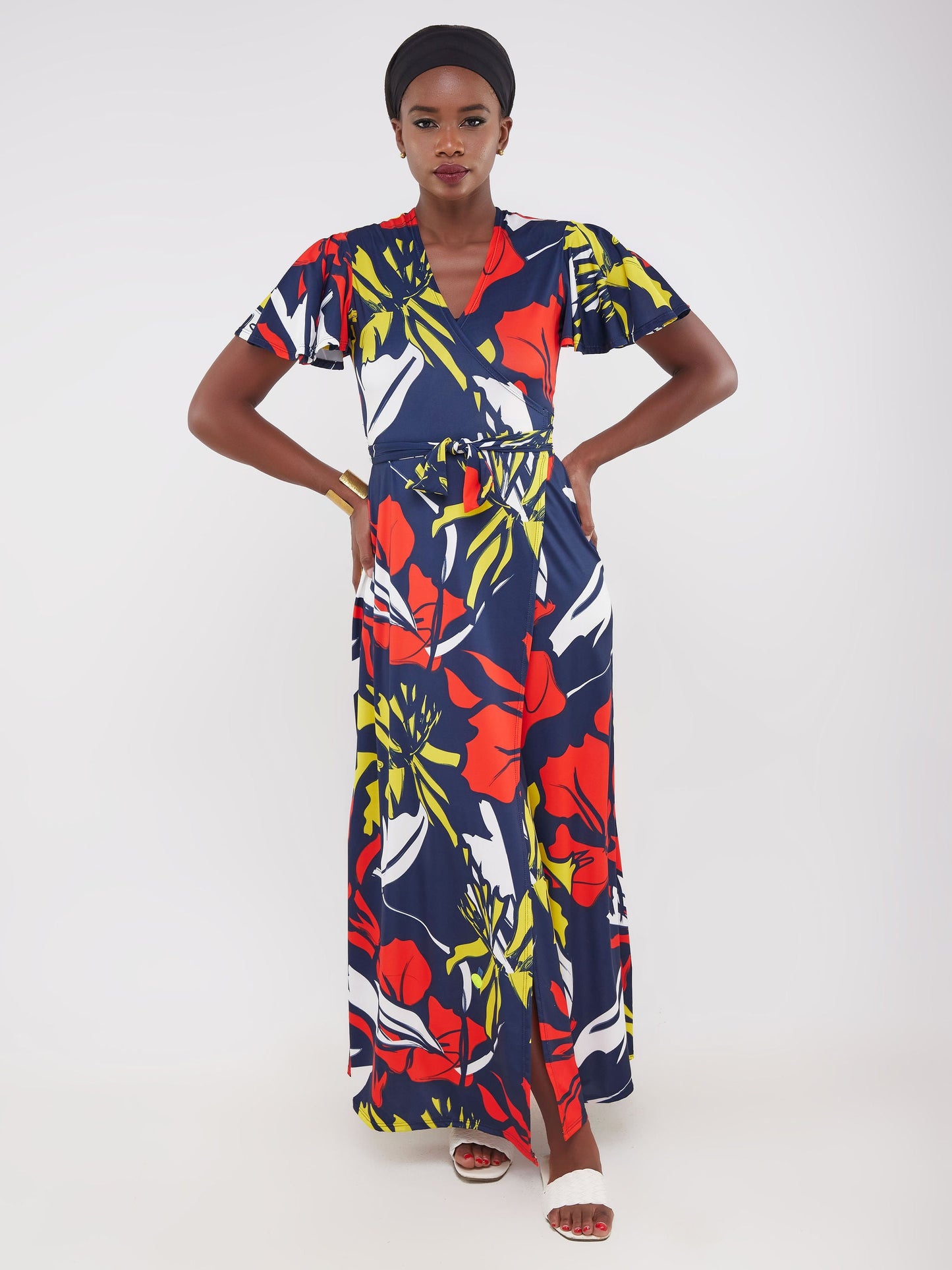 Vivo Ruwa Flounce Sleeve Wrap Maxi Dress - Navy / Orange Print