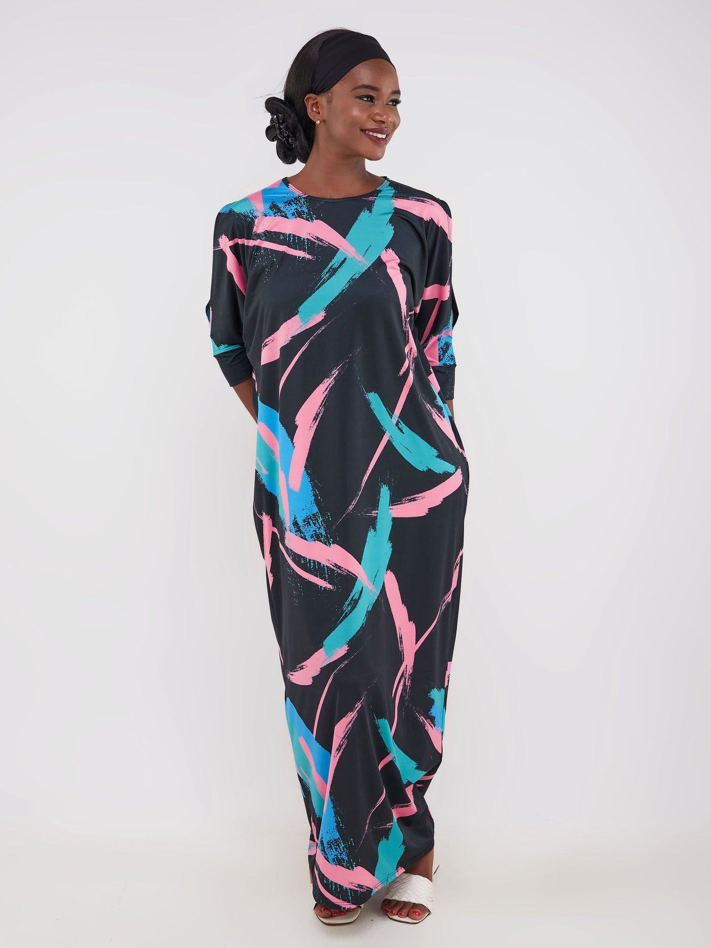 Vivo Ruwa Cold Shoulder Dolman Maxi Dress - Black / Pink Abstract Print