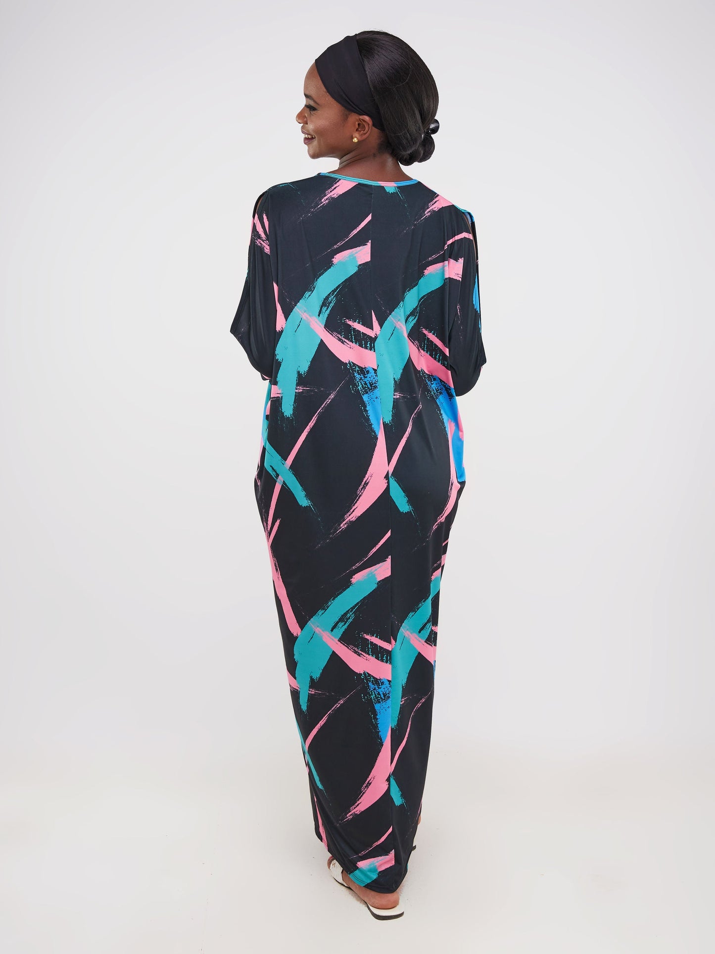 Vivo Ruwa Cold Shoulder Dolman Maxi Dress - Black / Pink Abstract Print