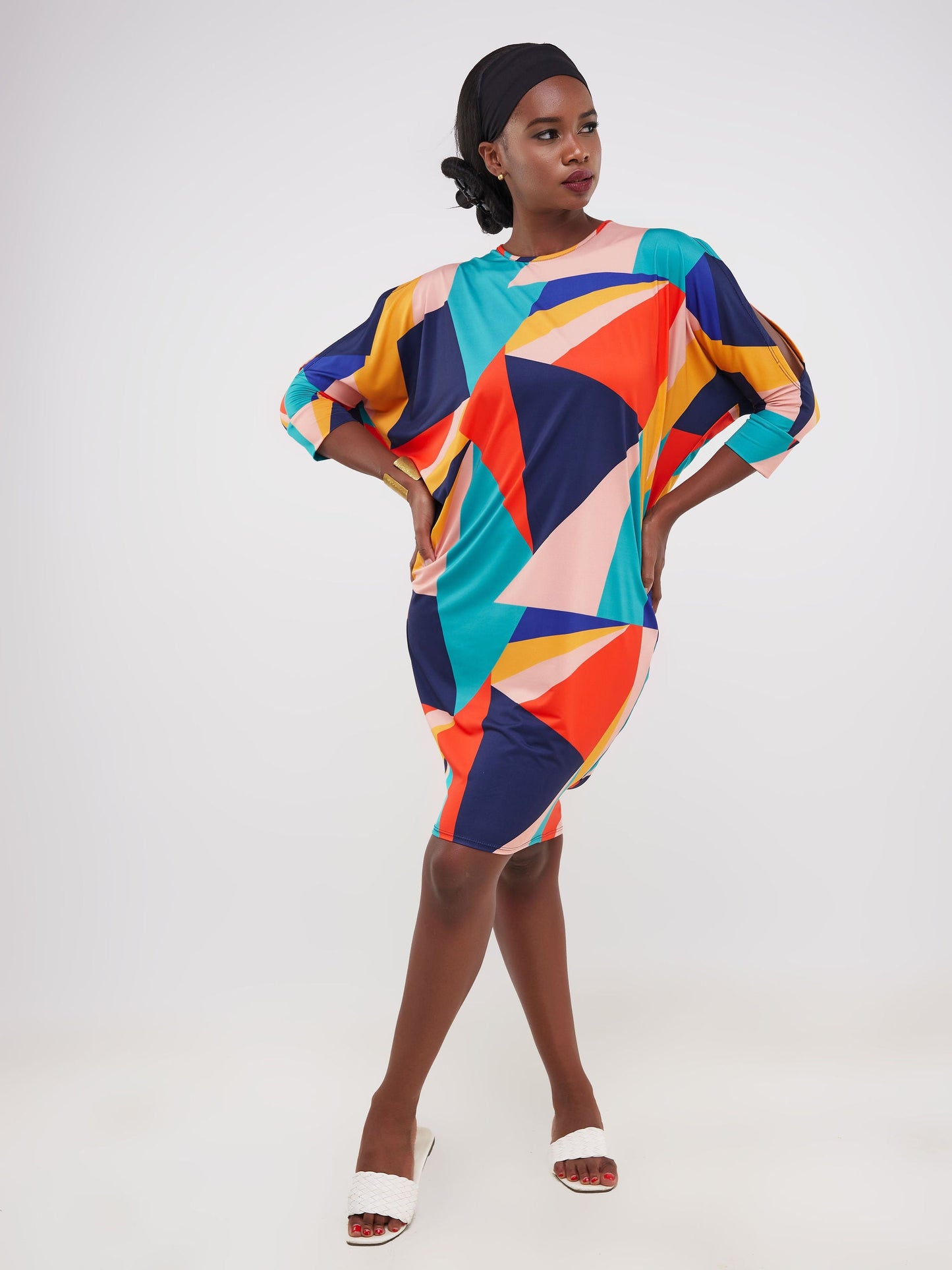 Vivo Ruwa Cold Shoulder Knee Length Dolman Dress - Orange Triangle Abstract Print