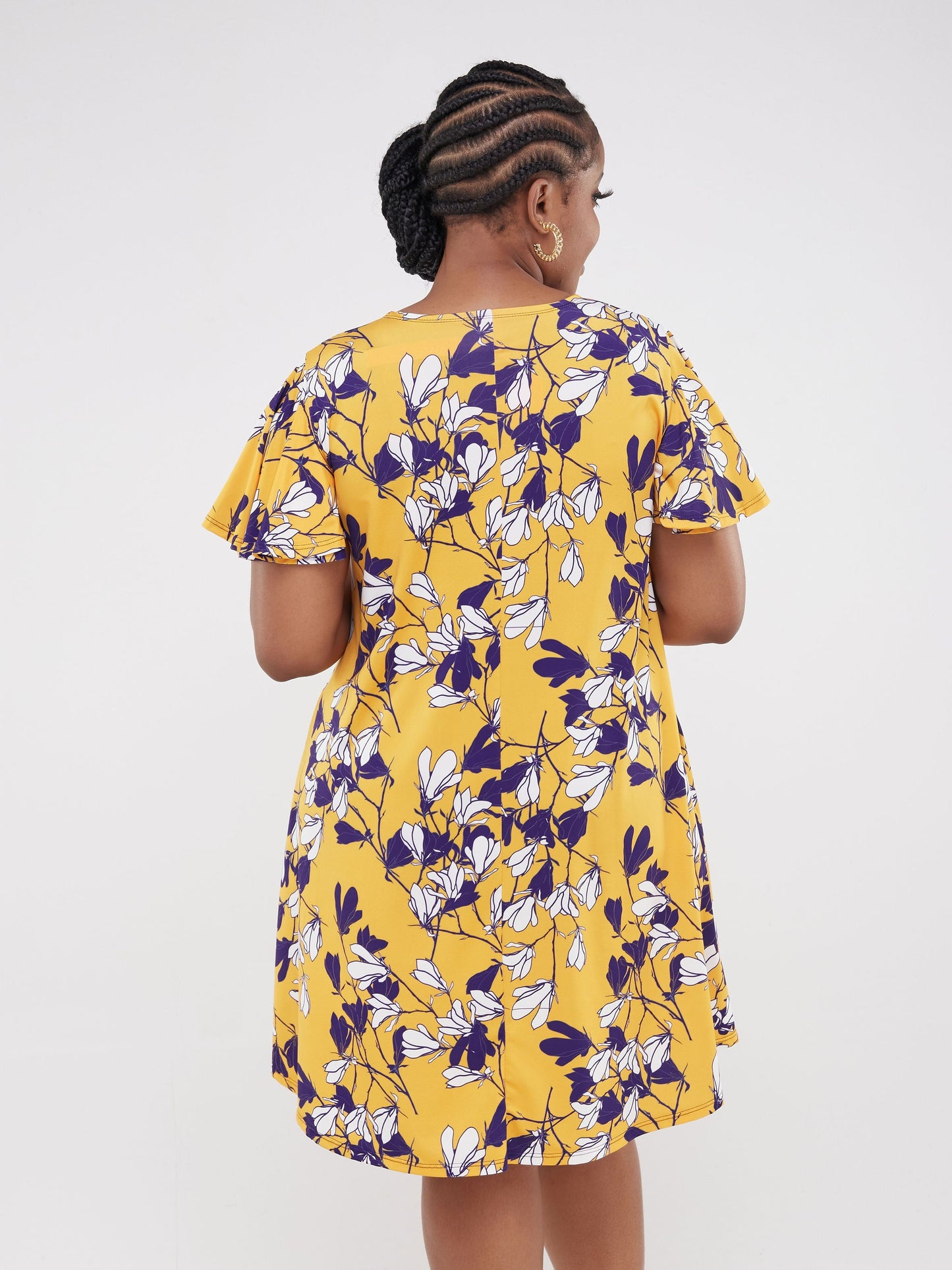 Vivo Ruwa Flounce Sleeve Knee Length Tent Dress - Yellow / Purple Flowers Print