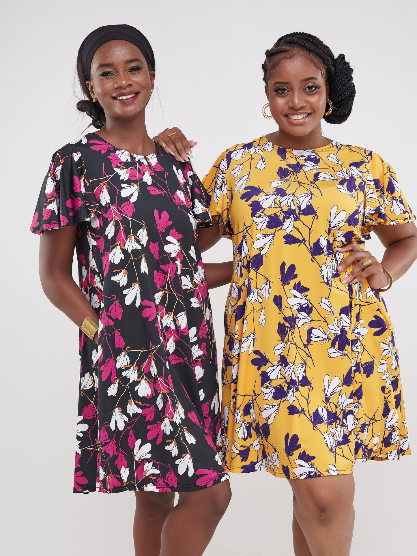 Vivo Ruwa Flounce Sleeve Knee Length Tent Dress - Black / Pink Flowers Print