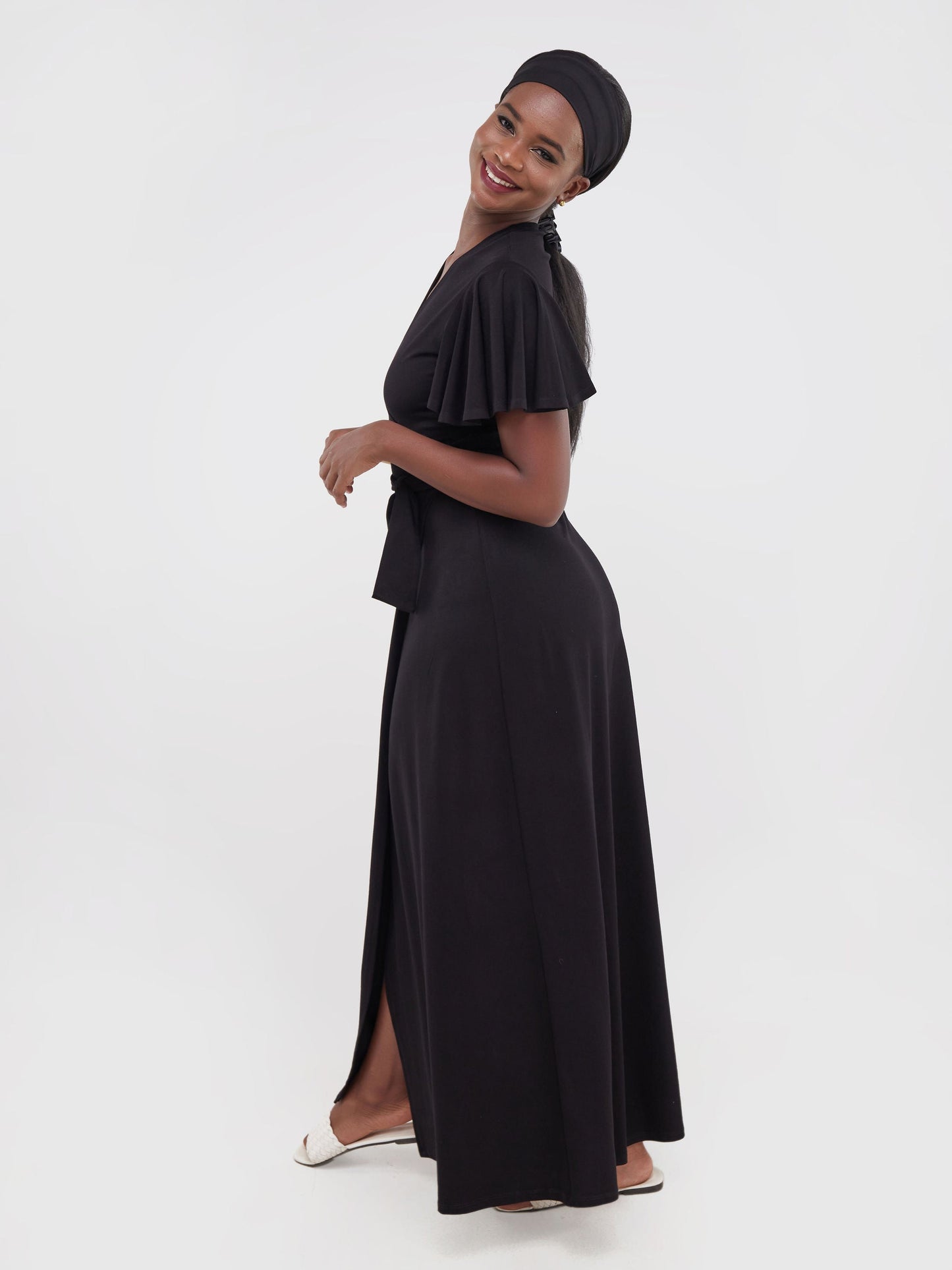 Vivo Ruwa Flounce Sleeve Wrap Jersey Maxi Dress - Black
