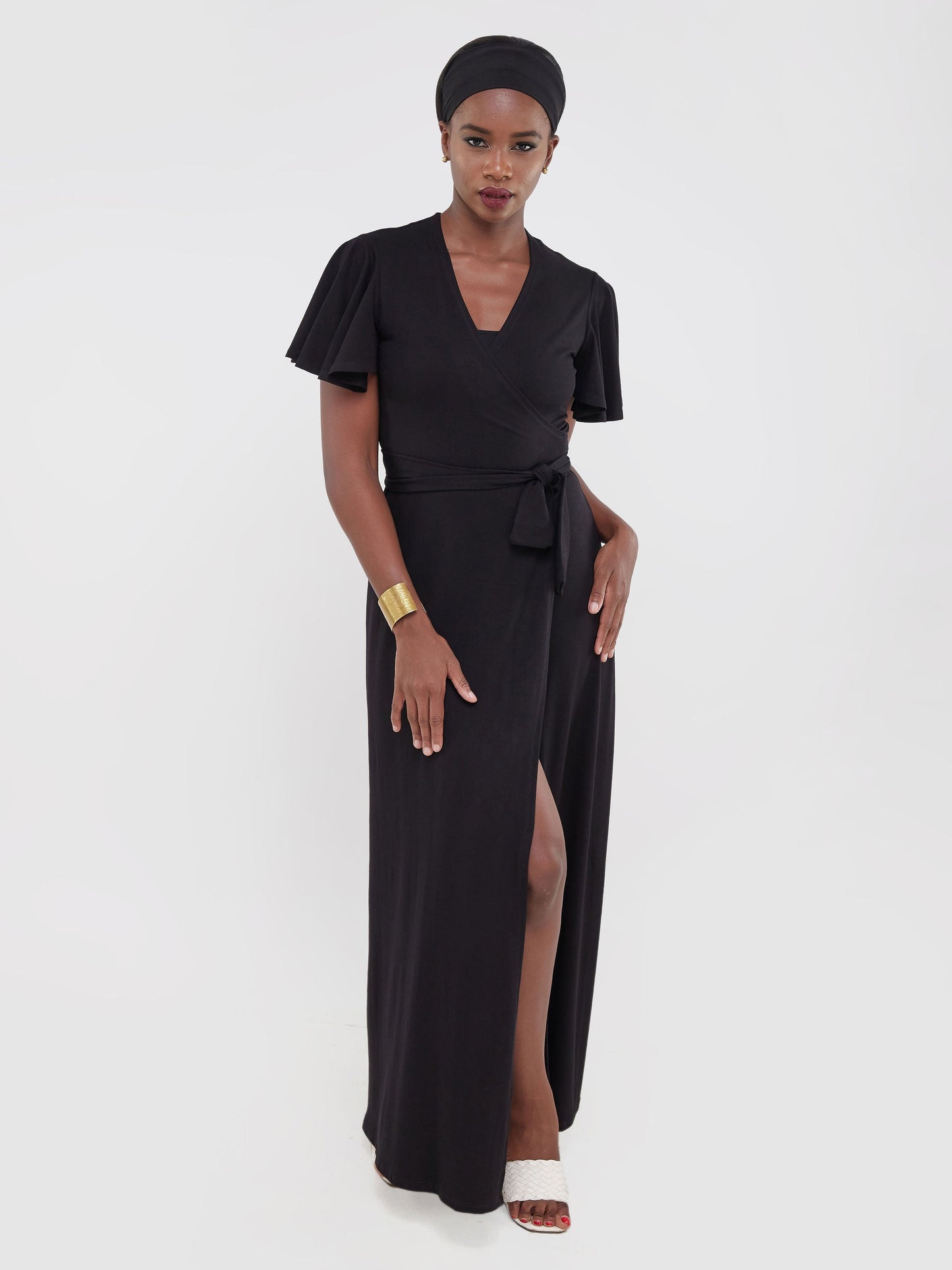 Vivo Ruwa Flounce Sleeve Wrap Jersey Maxi Dress - Black