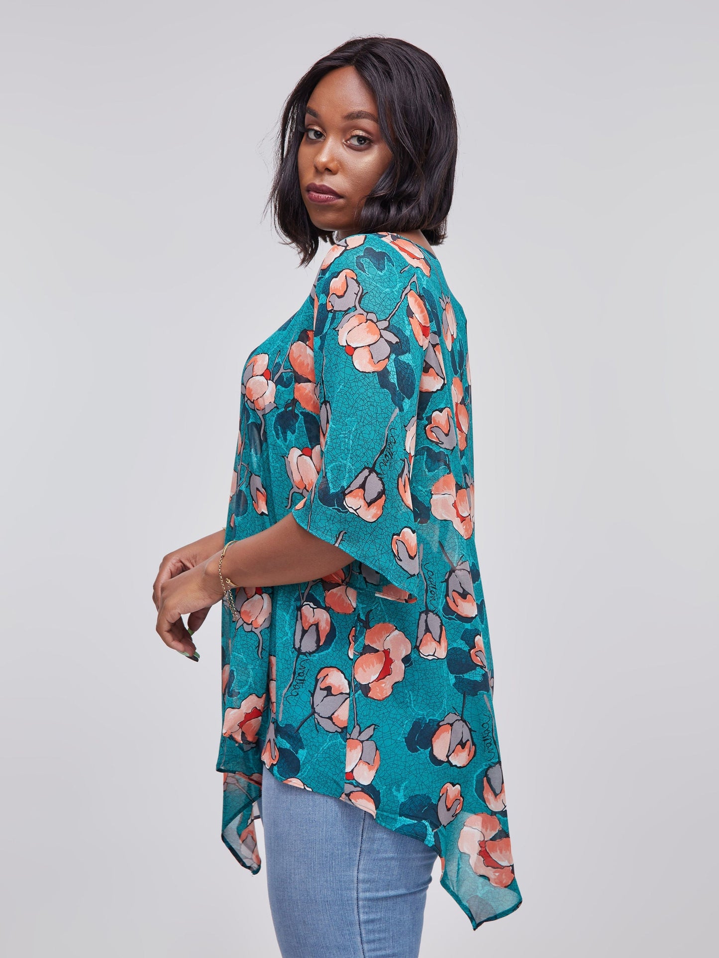 Vivo Sana Asymmetrical Angel Sleeve Top - Teal / Orange Floral Print