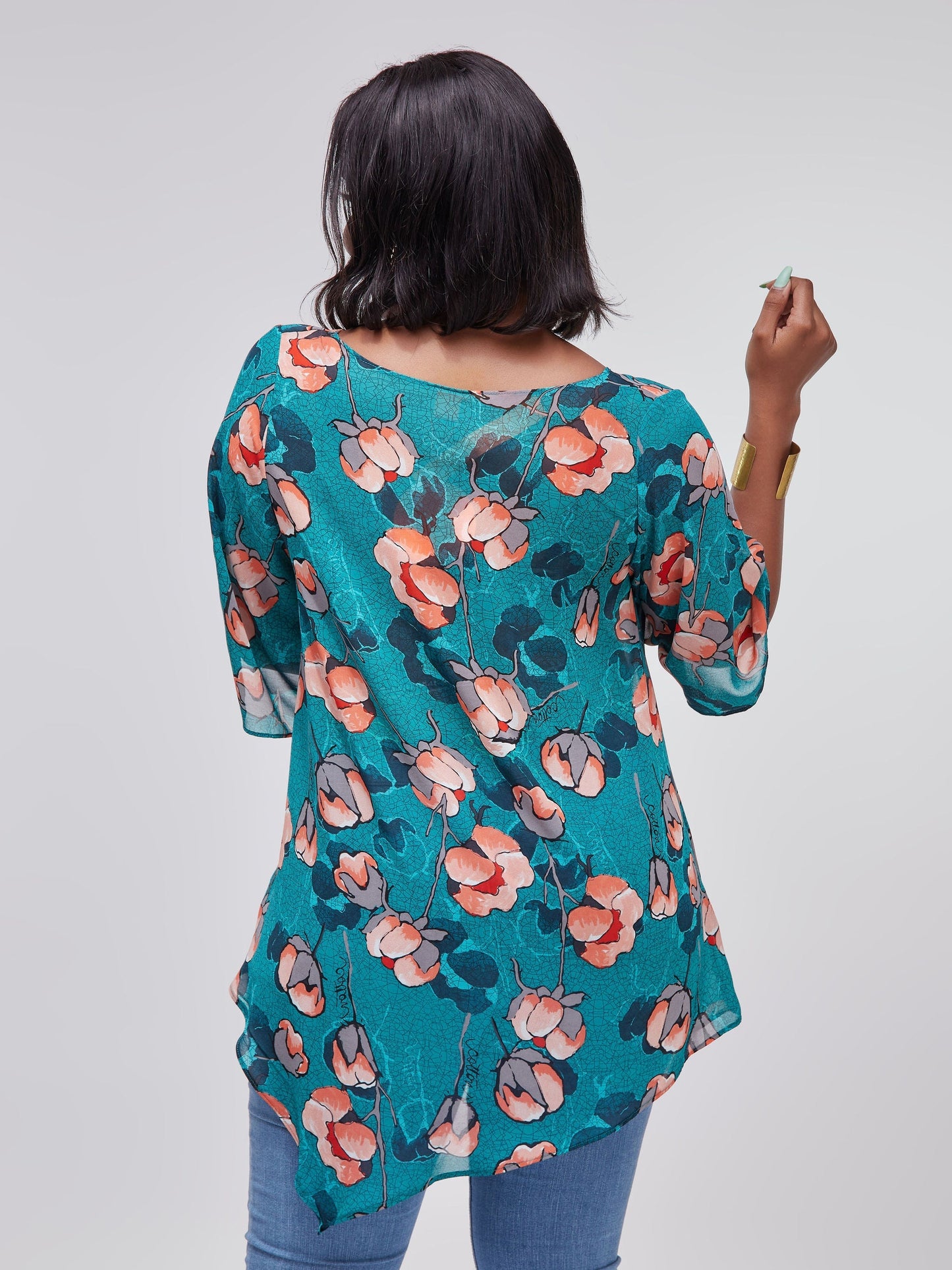 Vivo Sana Asymmetrical Angel Sleeve Top - Teal / Orange Floral Print