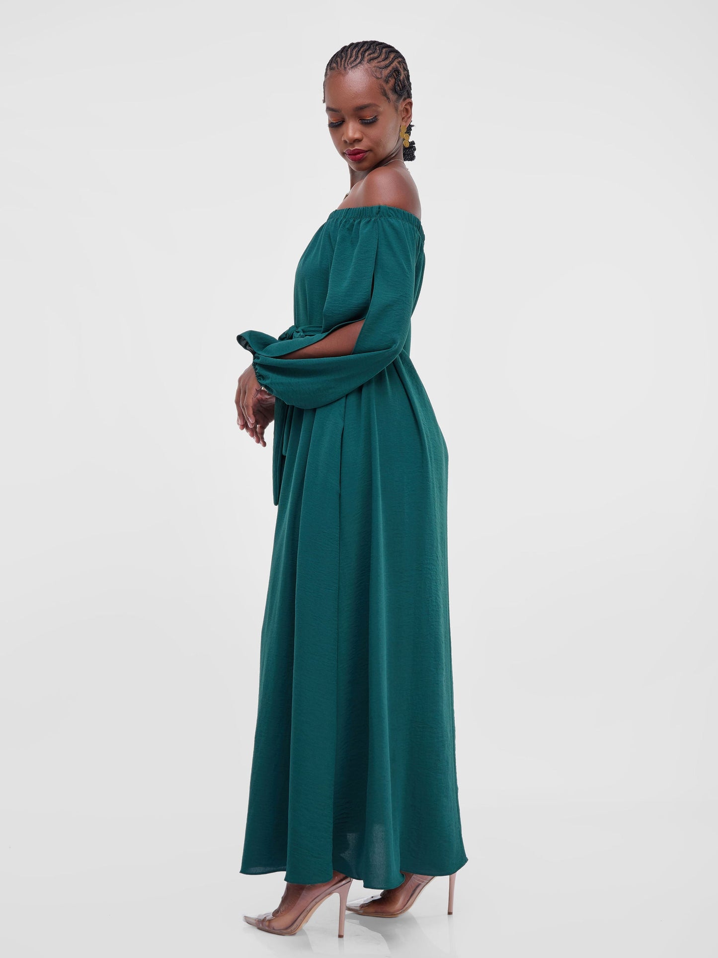 Vivo Dayo Off-Shoulder Slit Maxi Dress - Dark Green