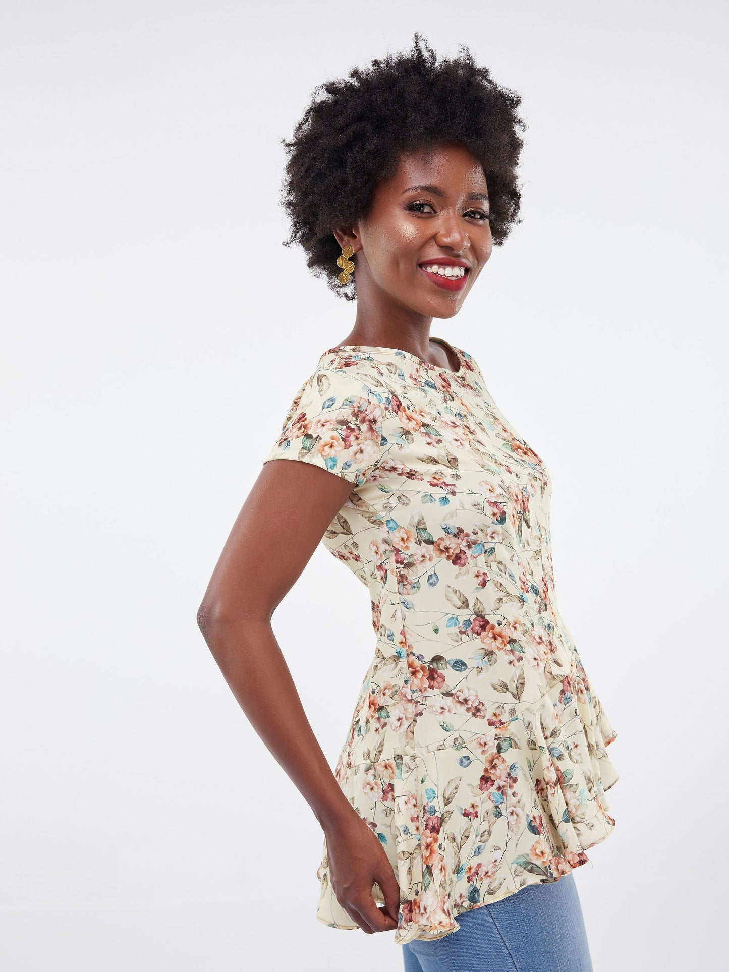 Vivo Jamila Asymetric Flounce Hem Top - Yellow Floral Print