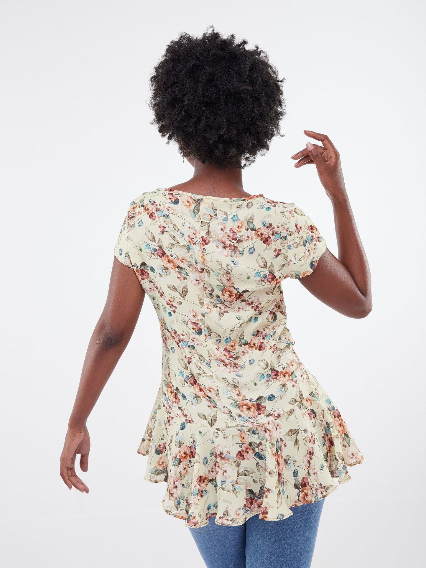 Vivo Jamila Asymetric Flounce Hem Top - Yellow Floral Print