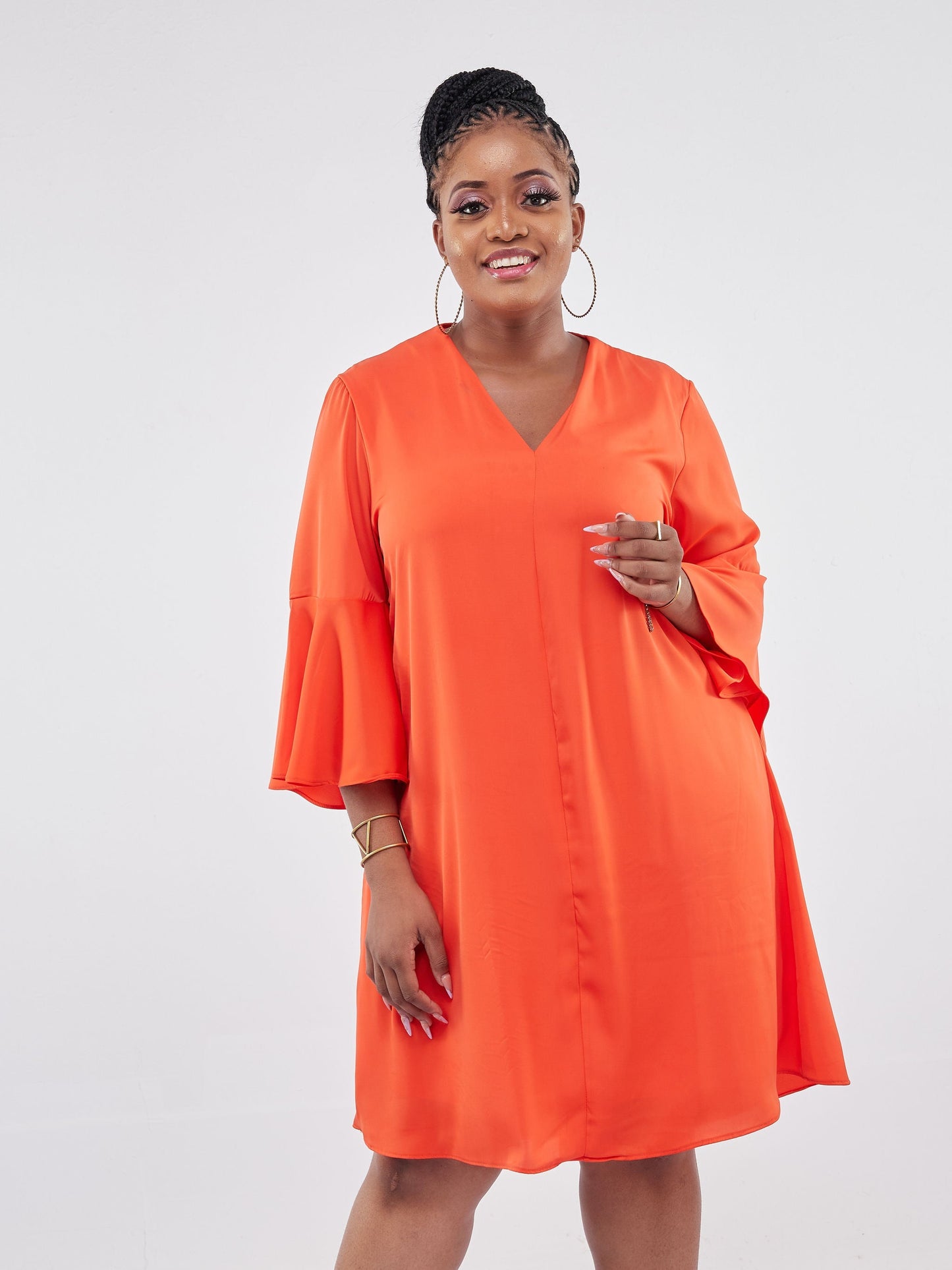 Vivo Jamila V-Neck Knee Length Tent Flounce Dress - Orange