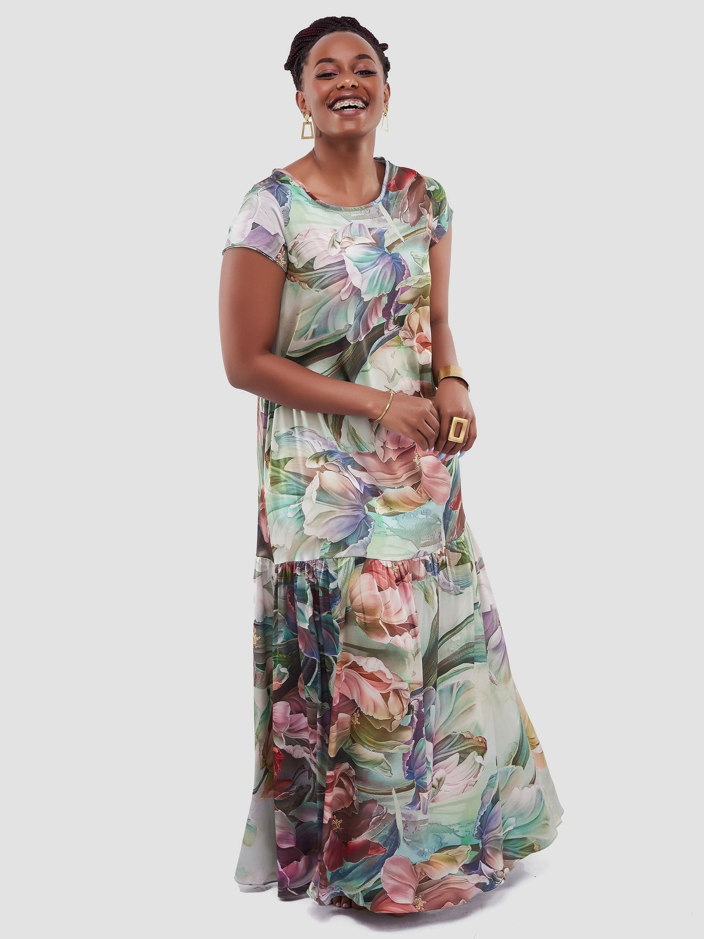 Vivo Jamila 1 Tier Maxi Dress - Green / Purple Leaf Print