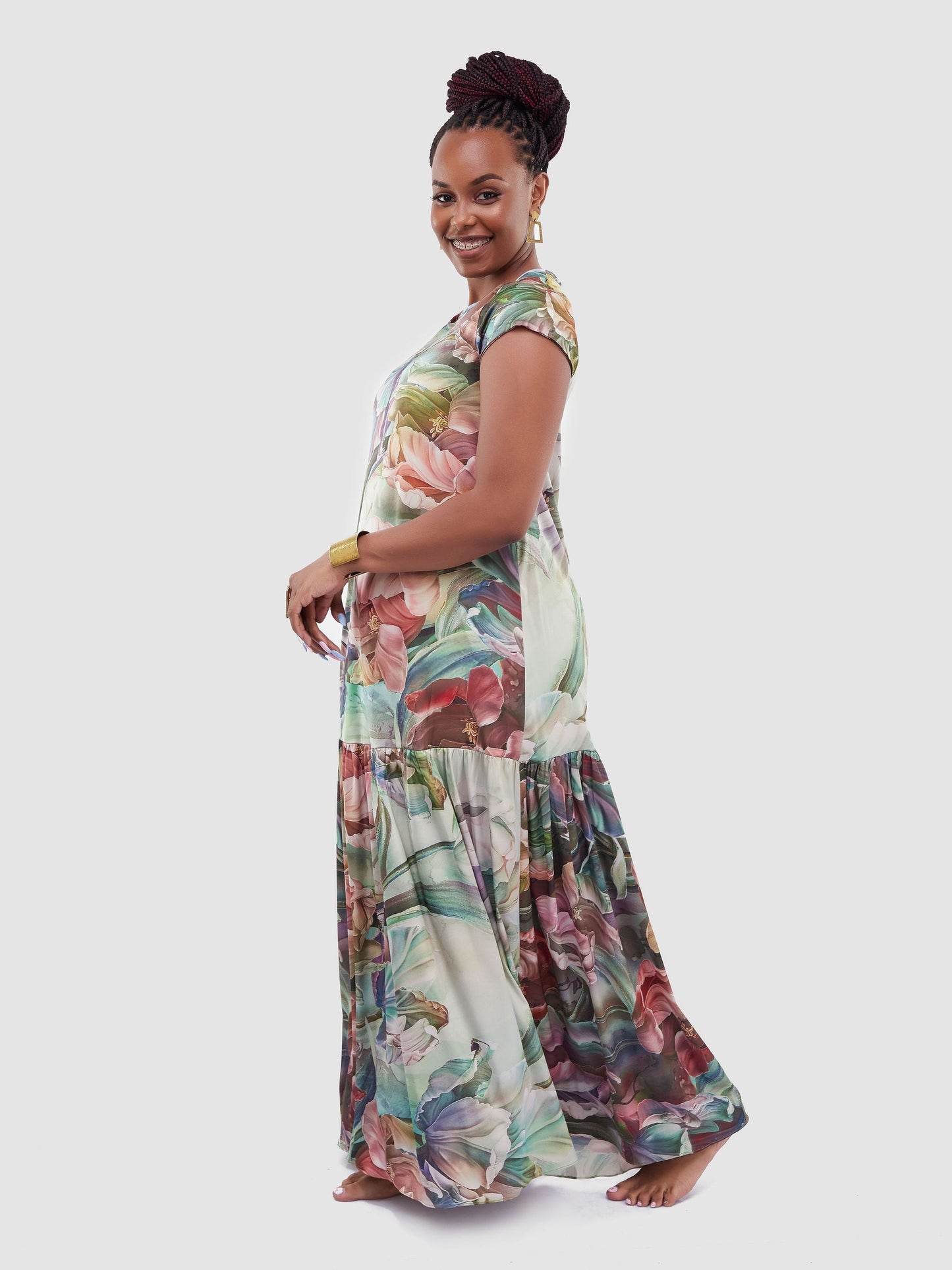 Vivo Jamila 1 Tier Maxi Dress - Green / Purple Leaf Print