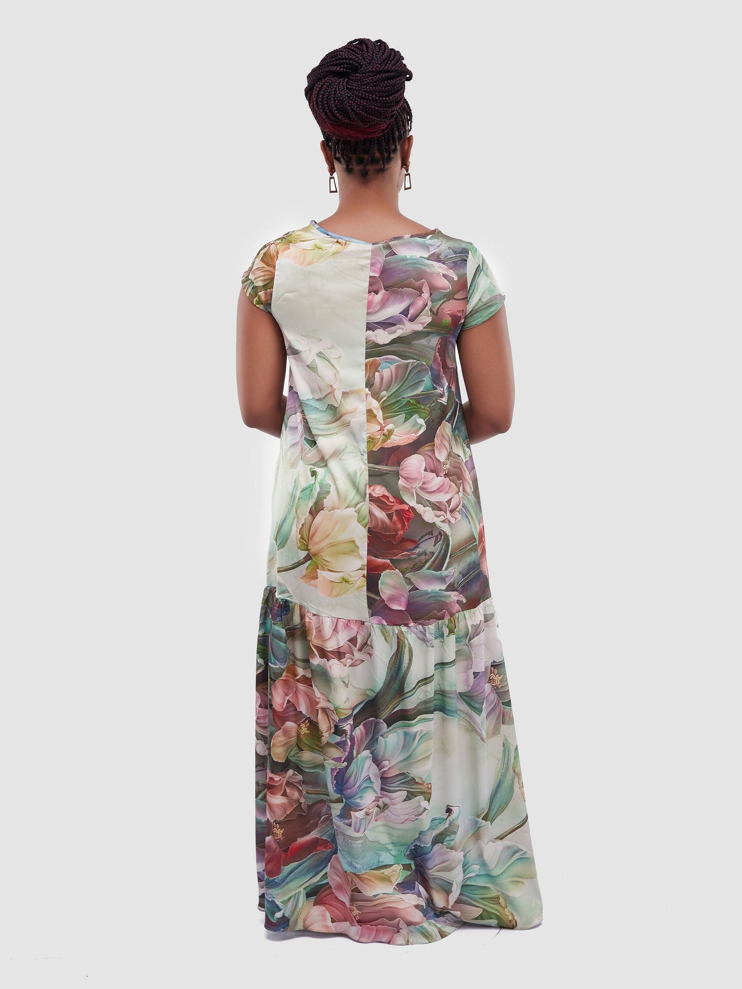 Vivo Jamila 1 Tier Maxi Dress - Green / Purple Leaf Print