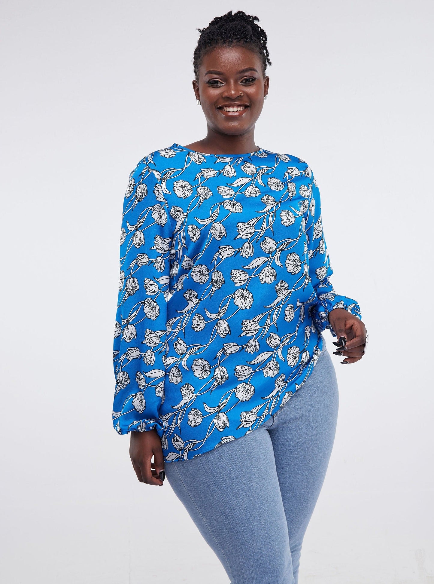 Vivo Lalea Tulip Bishop Sleeve Top - Royal Blue Print
