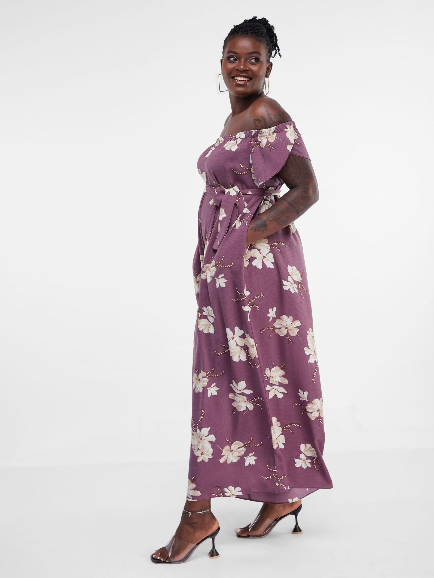 Vivo Dalia Off Shoulder Jumpsuit - Burgundy Floral Print