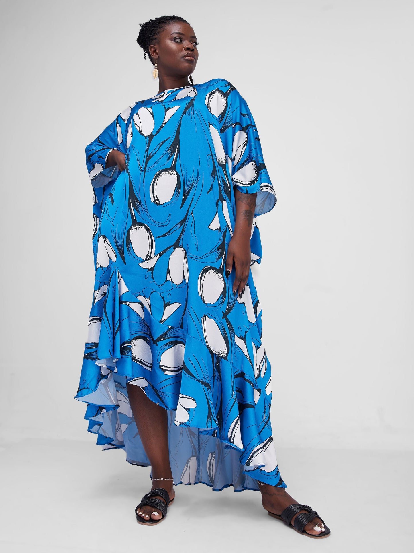 Vivo Lalea Asymetrical Flounce Kaftan Maxi Dress - Royal Blue Print