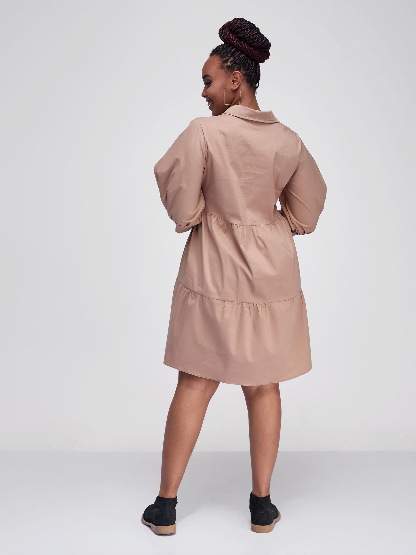 Safari Tawi Shirt Collar Bishop Sleeve Tiered Dress - Taupe