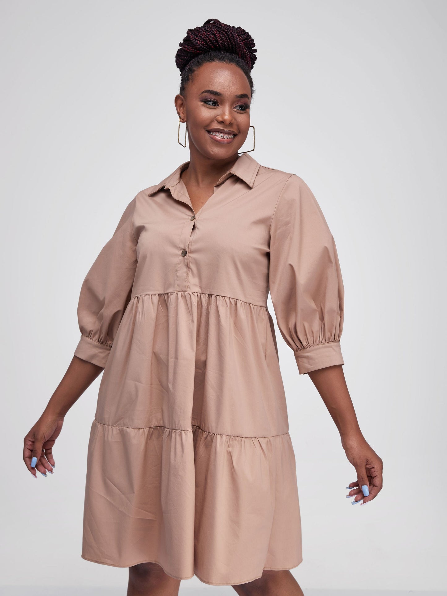 Safari Tawi Shirt Collar Bishop Sleeve Tiered Dress - Taupe