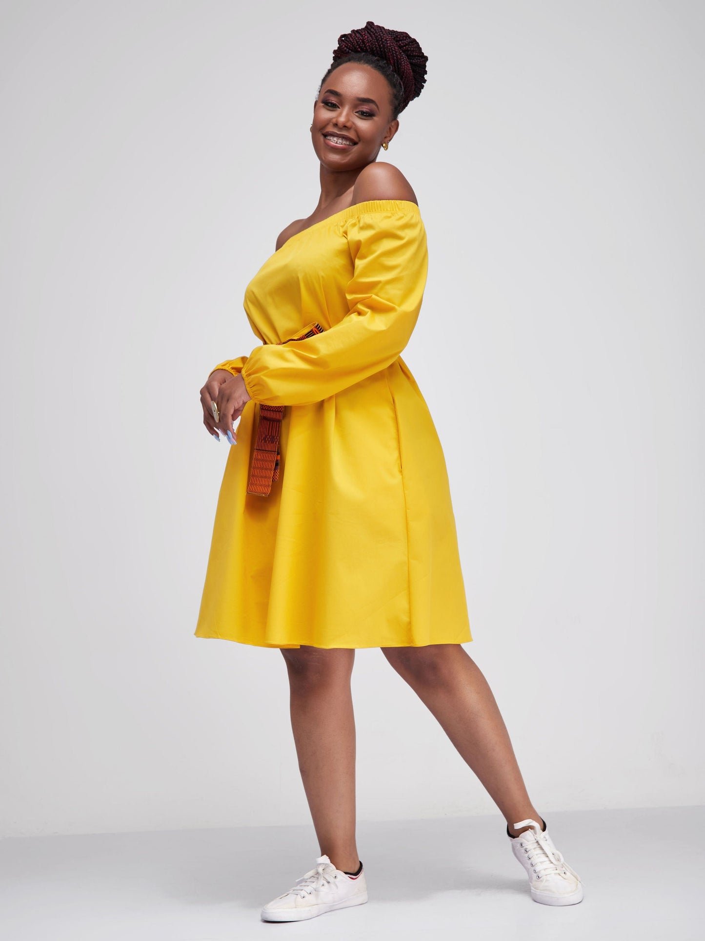 Safari Tawi Off Shoulder Knee Length Dress - Mustard