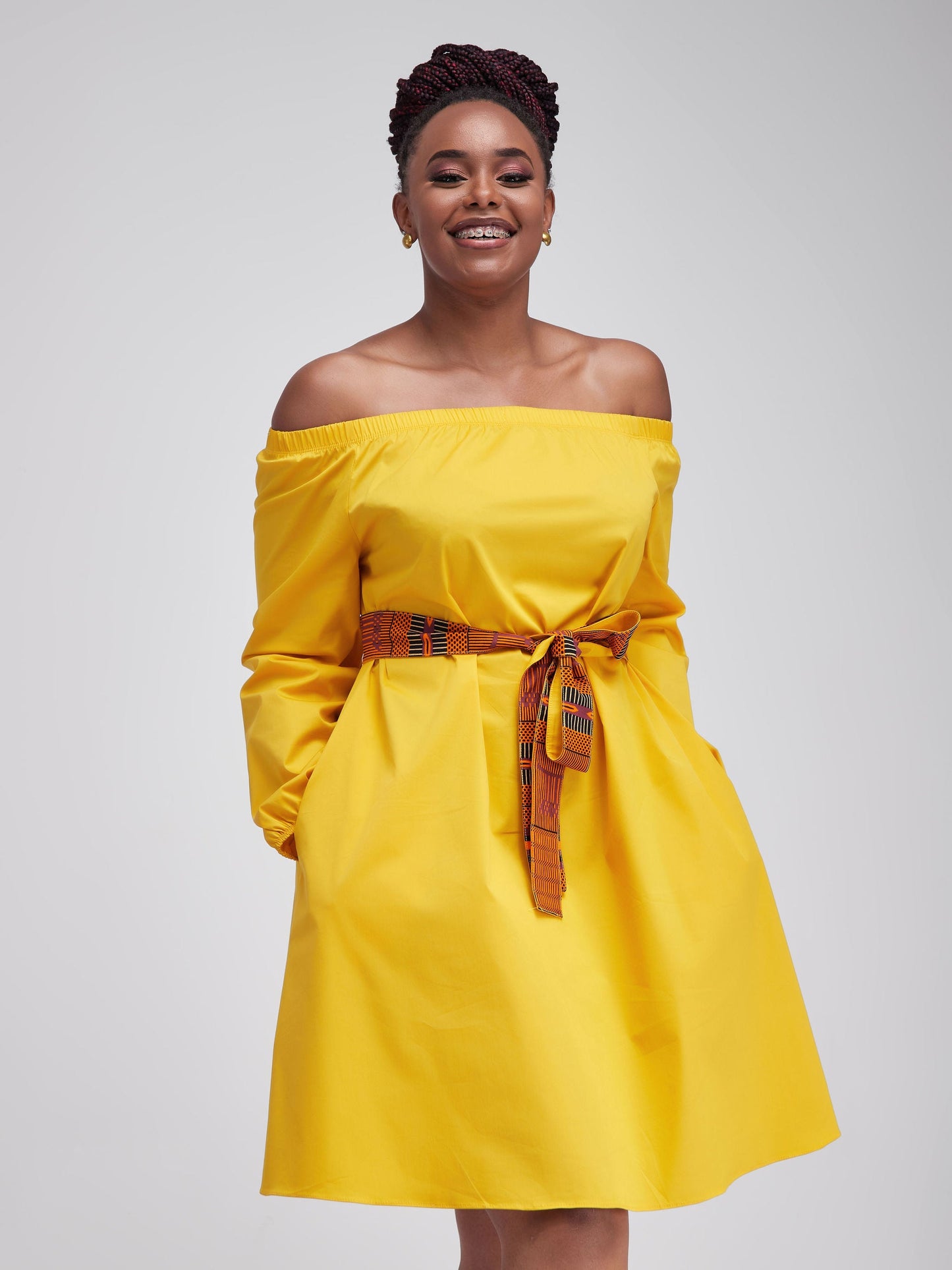Safari Tawi Off Shoulder Knee Length Dress - Mustard