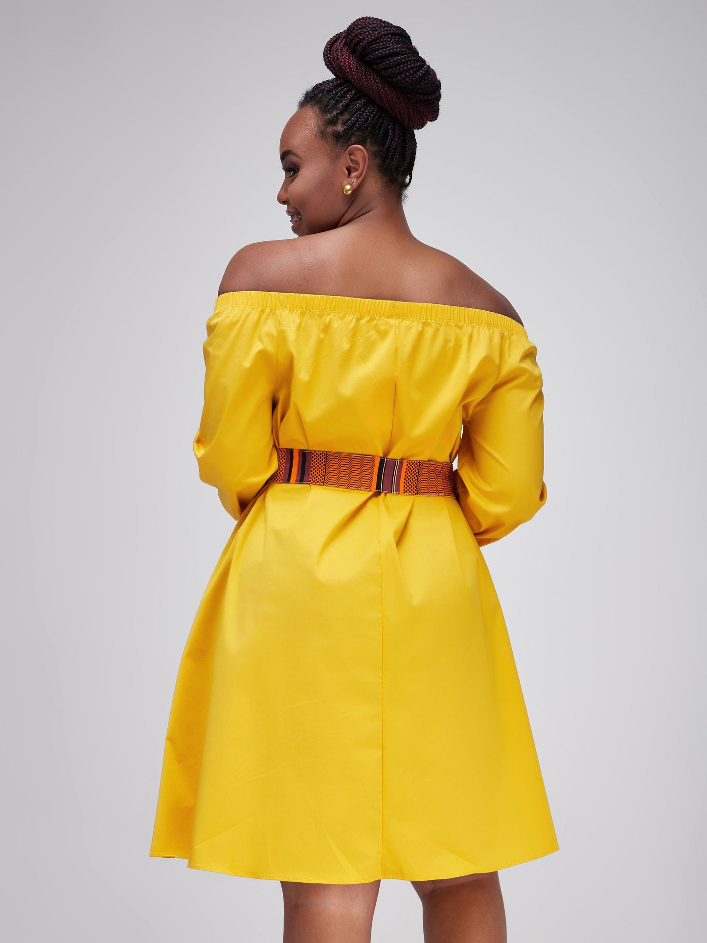 Safari Tawi Off Shoulder Knee Length Dress - Mustard