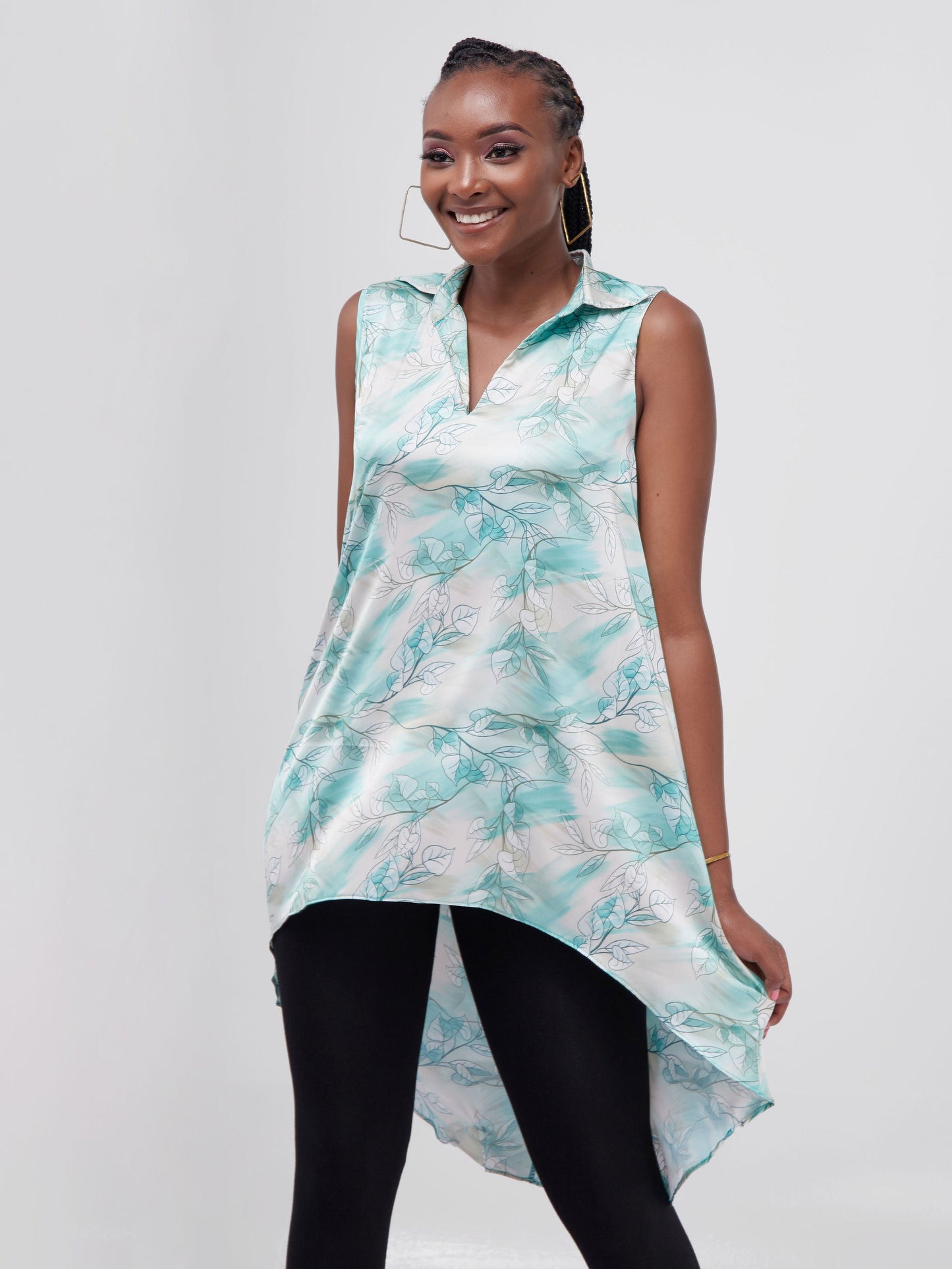 Vivo Zuri Sleeveless Tent High Low Top - Green Leaf Print