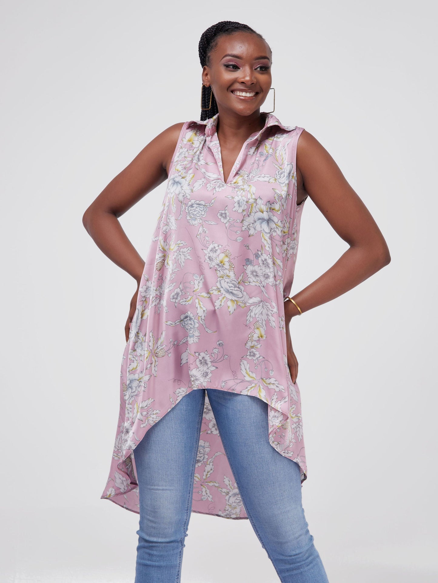 Vivo Zuri Sleeveless Tent High Low Top - Light Pink Floral Print