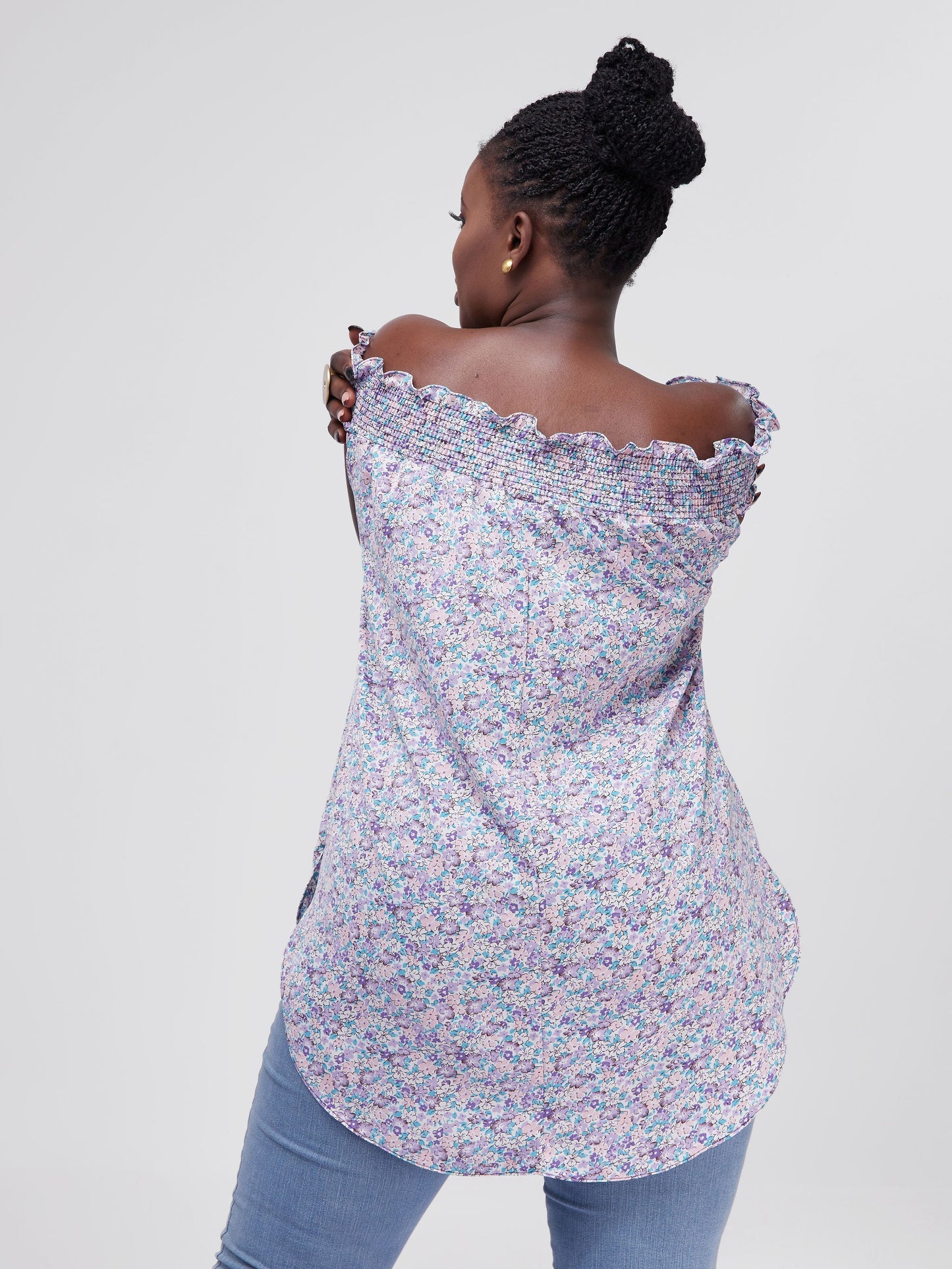 Vivo Alek Off-Shoulder Scalloped Hem Top - Pink / Purple Floral Print