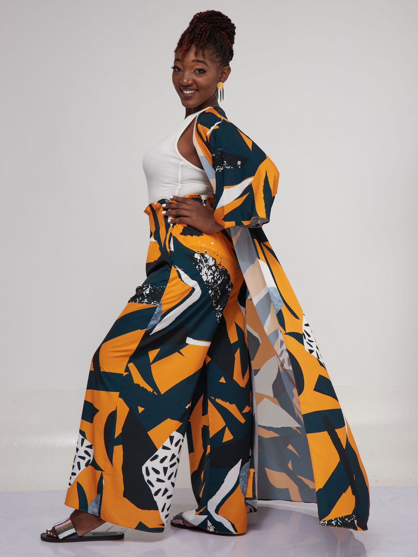 Vivo Alek 3/4 Sleeve A-Line Maxi Kimono - Dark Teal / Mustard Print