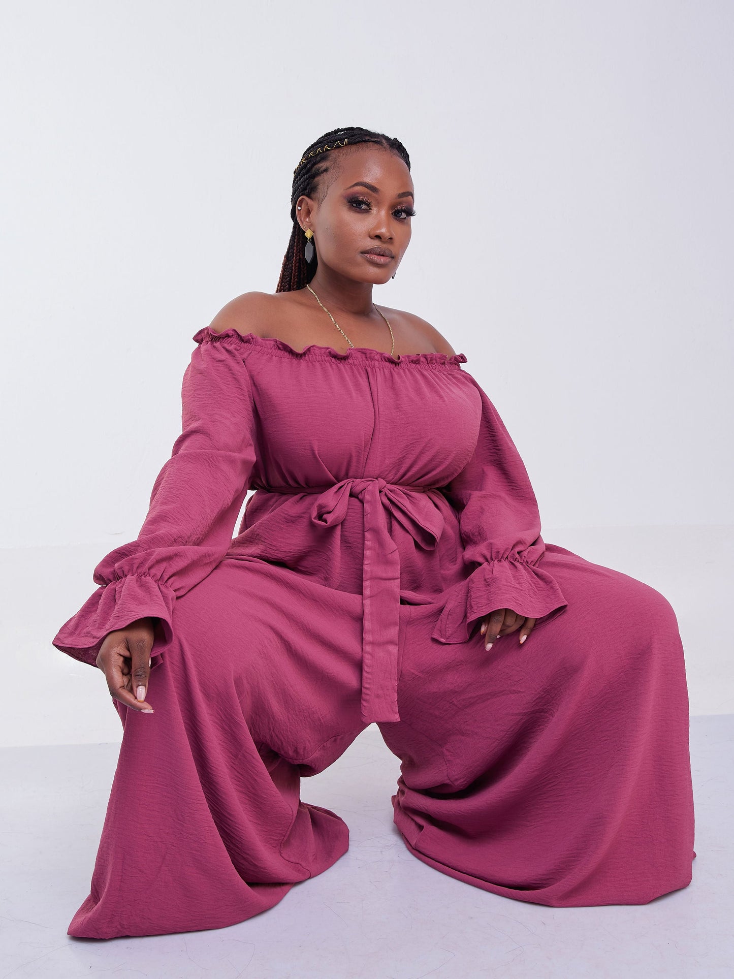 Vivo Jema Off-shoulder Long Sleeve Jumpsuit - Peach