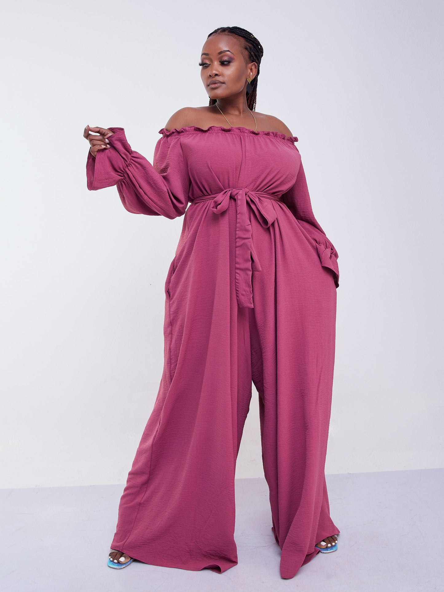 Vivo Jema Off-shoulder Long Sleeve Jumpsuit - Peach