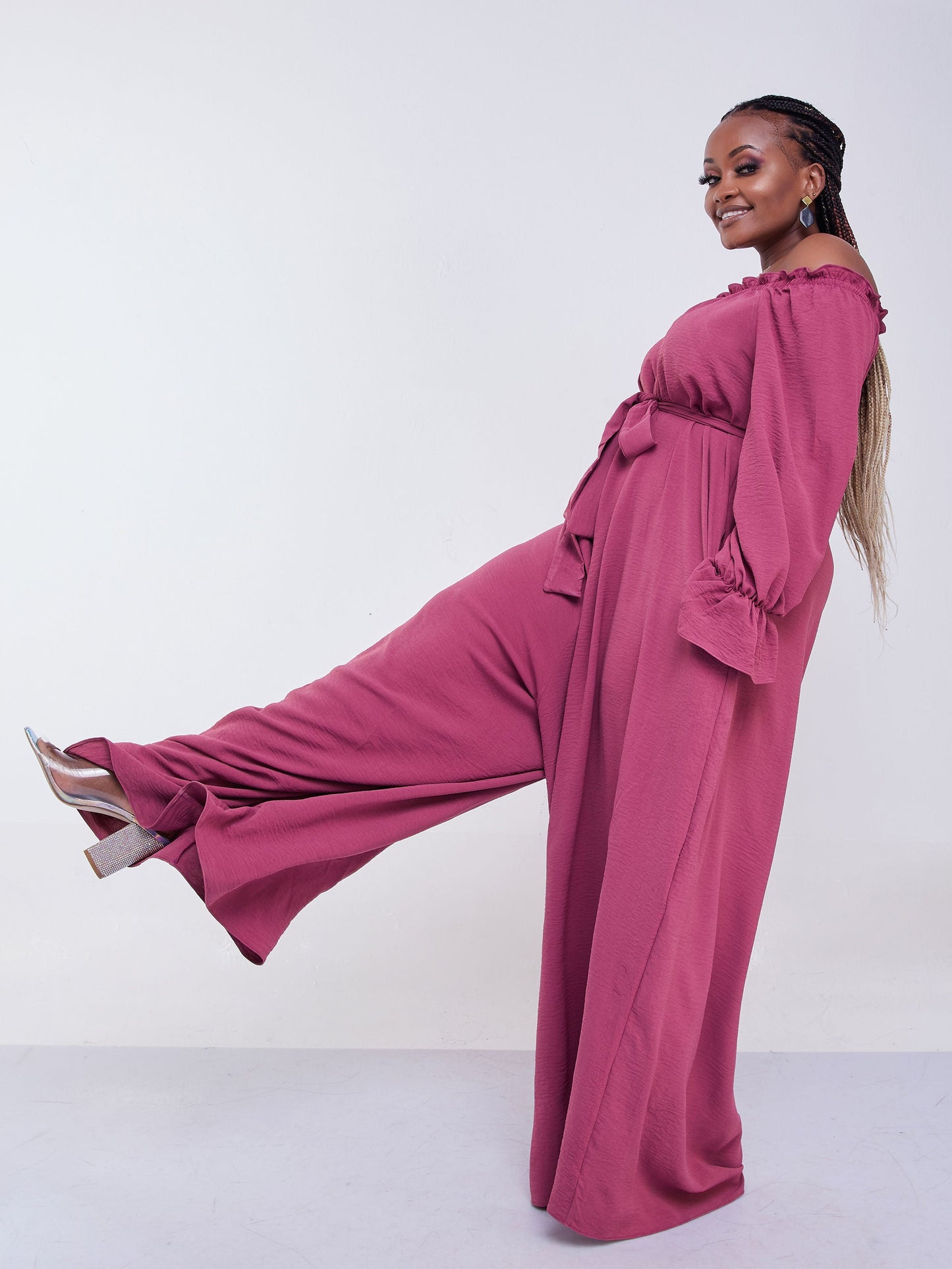 Vivo Jema Off-shoulder Long Sleeve Jumpsuit - Peach