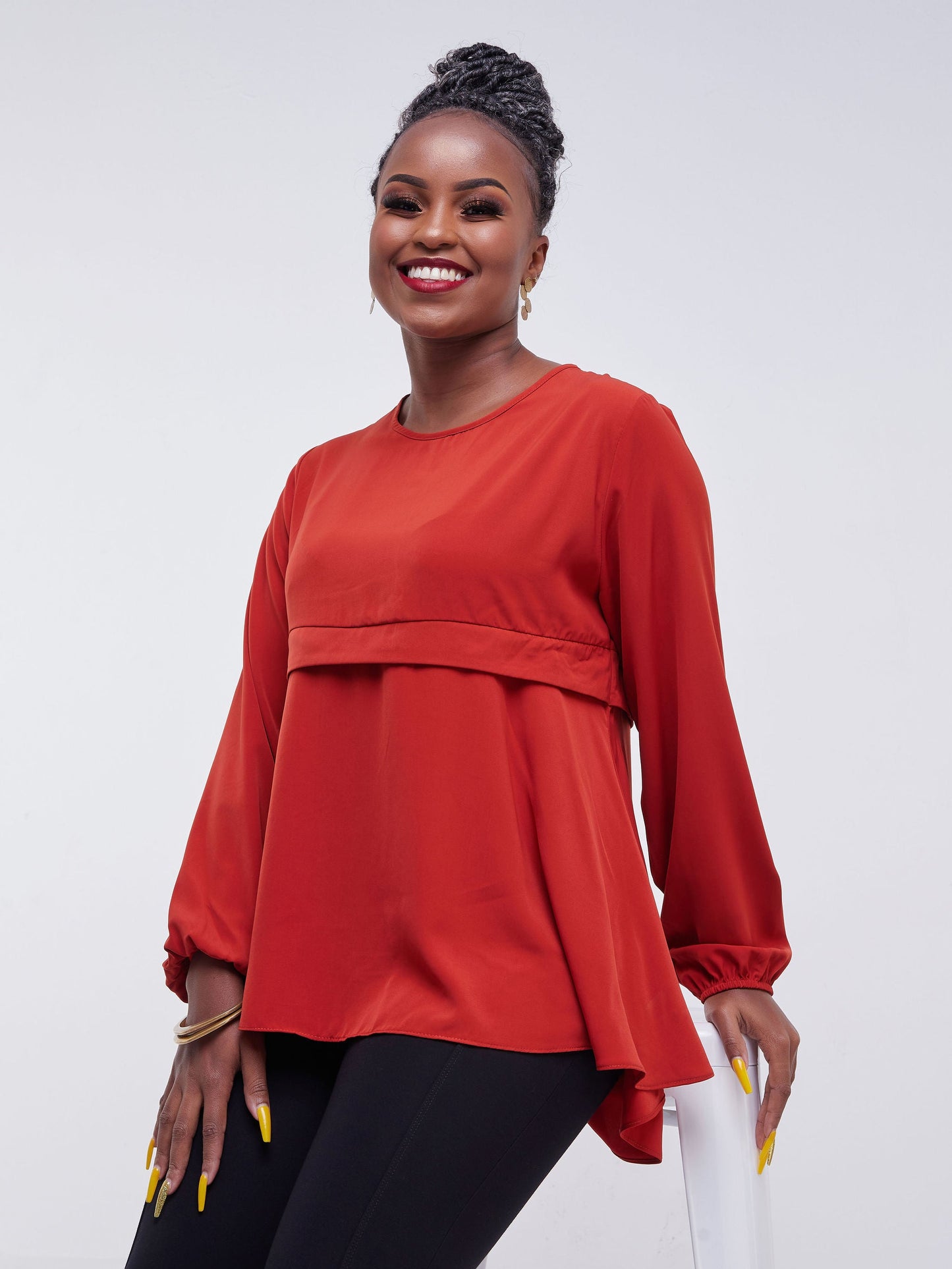 Vivo Jasiri Bishop Sleeve Cross Pleat Top - Rust