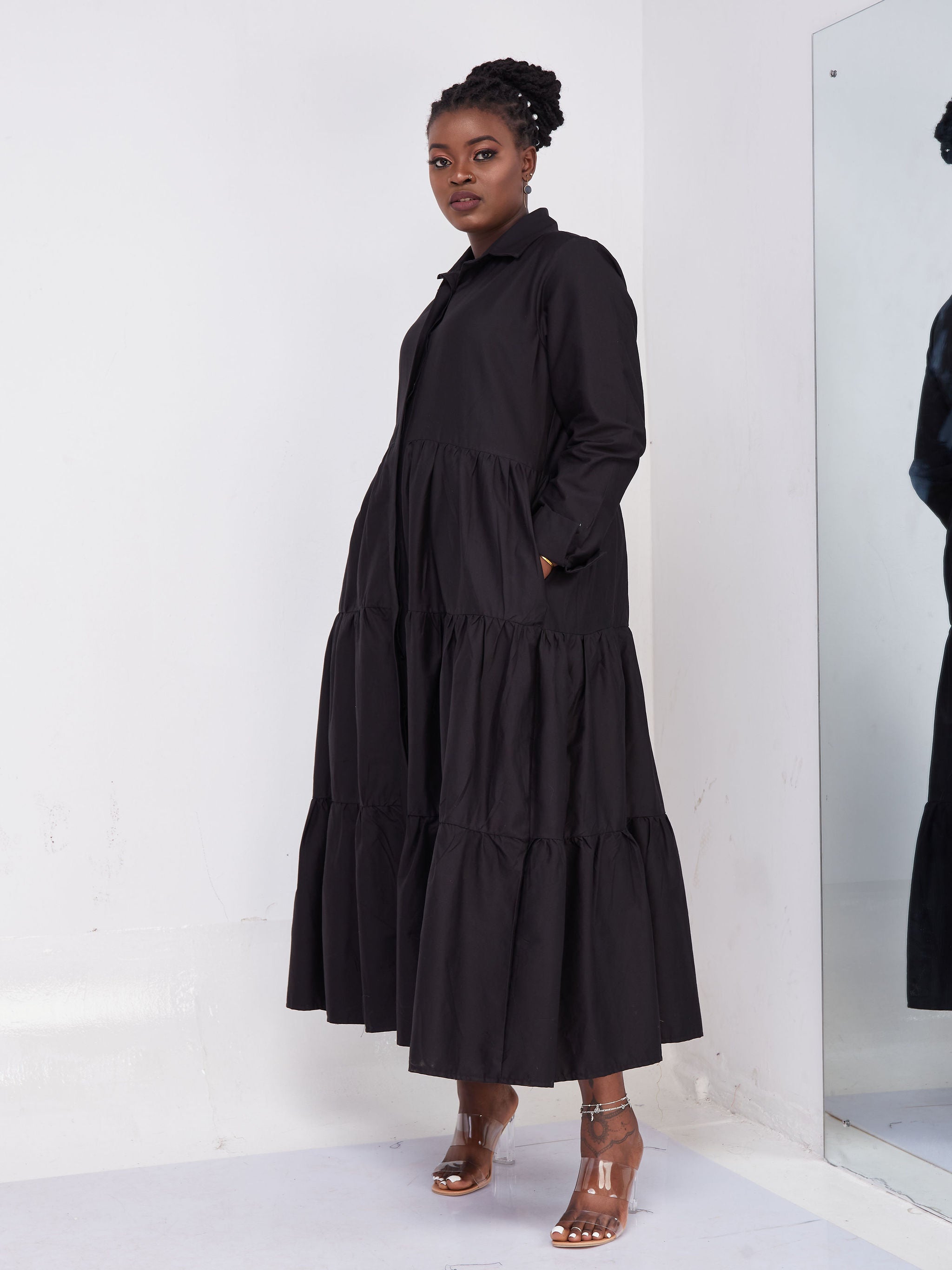Safari Kaya Long Sleeve 3 Tiered Maxi Dress - Black