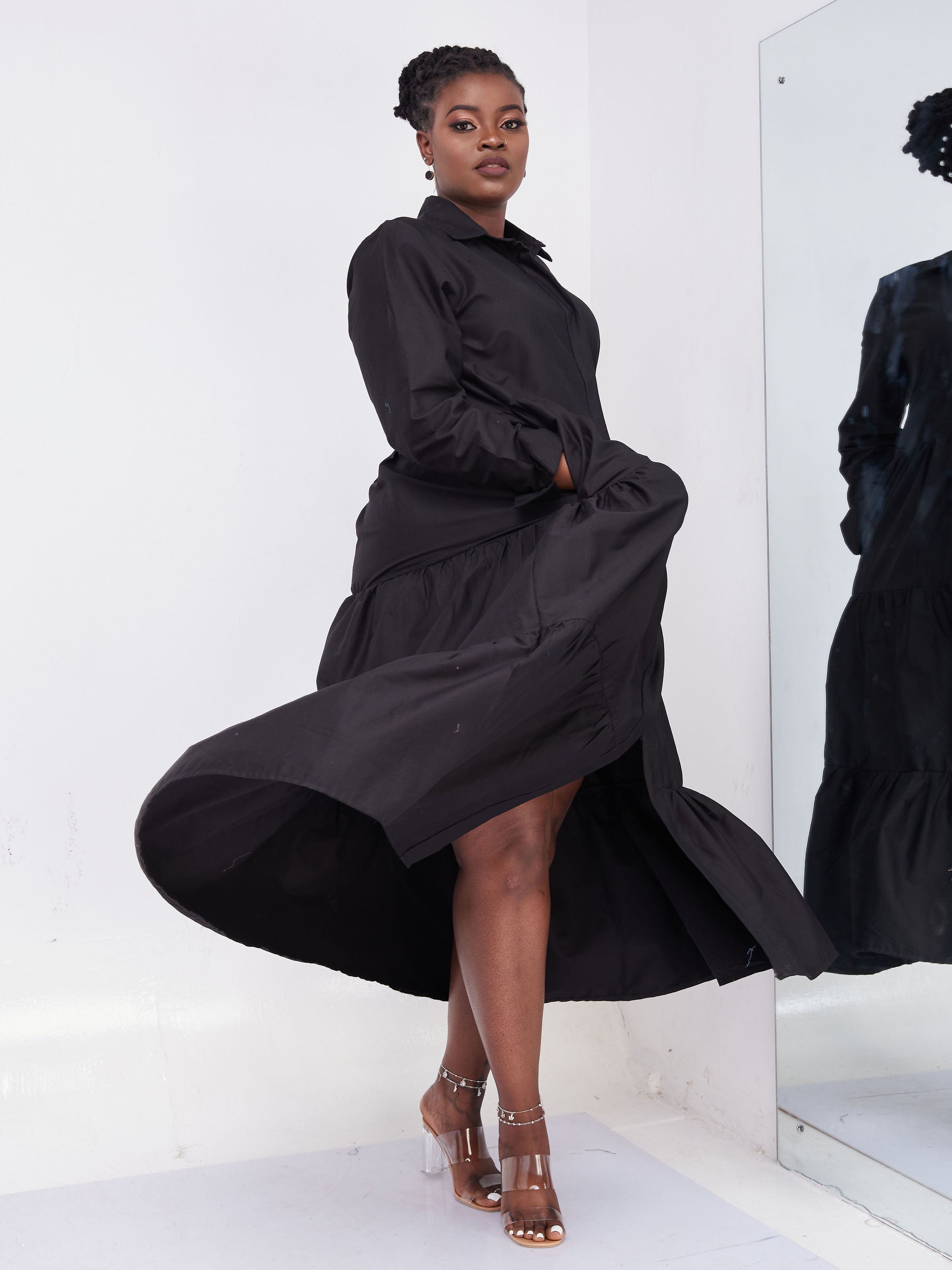 Safari Kaya Long Sleeve 3 Tiered Maxi Dress - Black