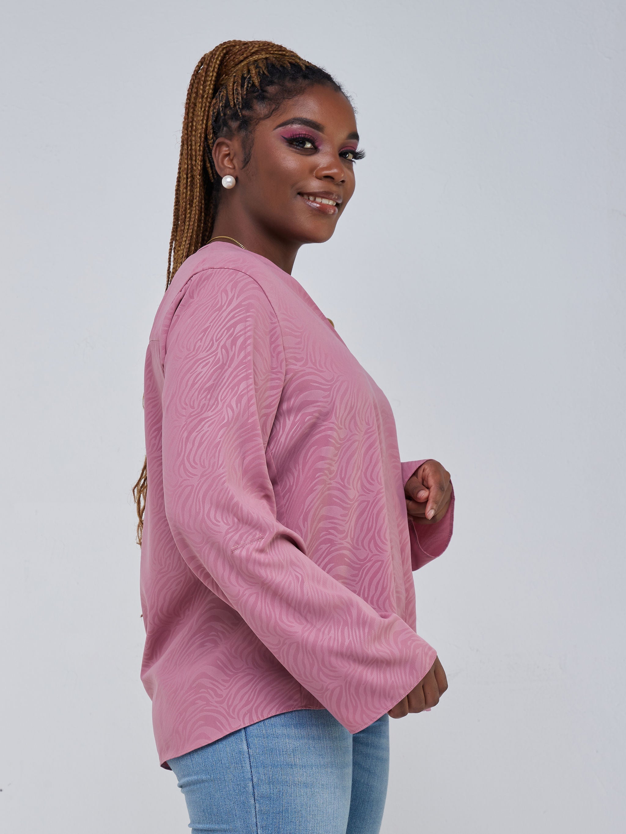 Safari Kaya Long Sleeve V-Neck Top - Dusty Pink Print