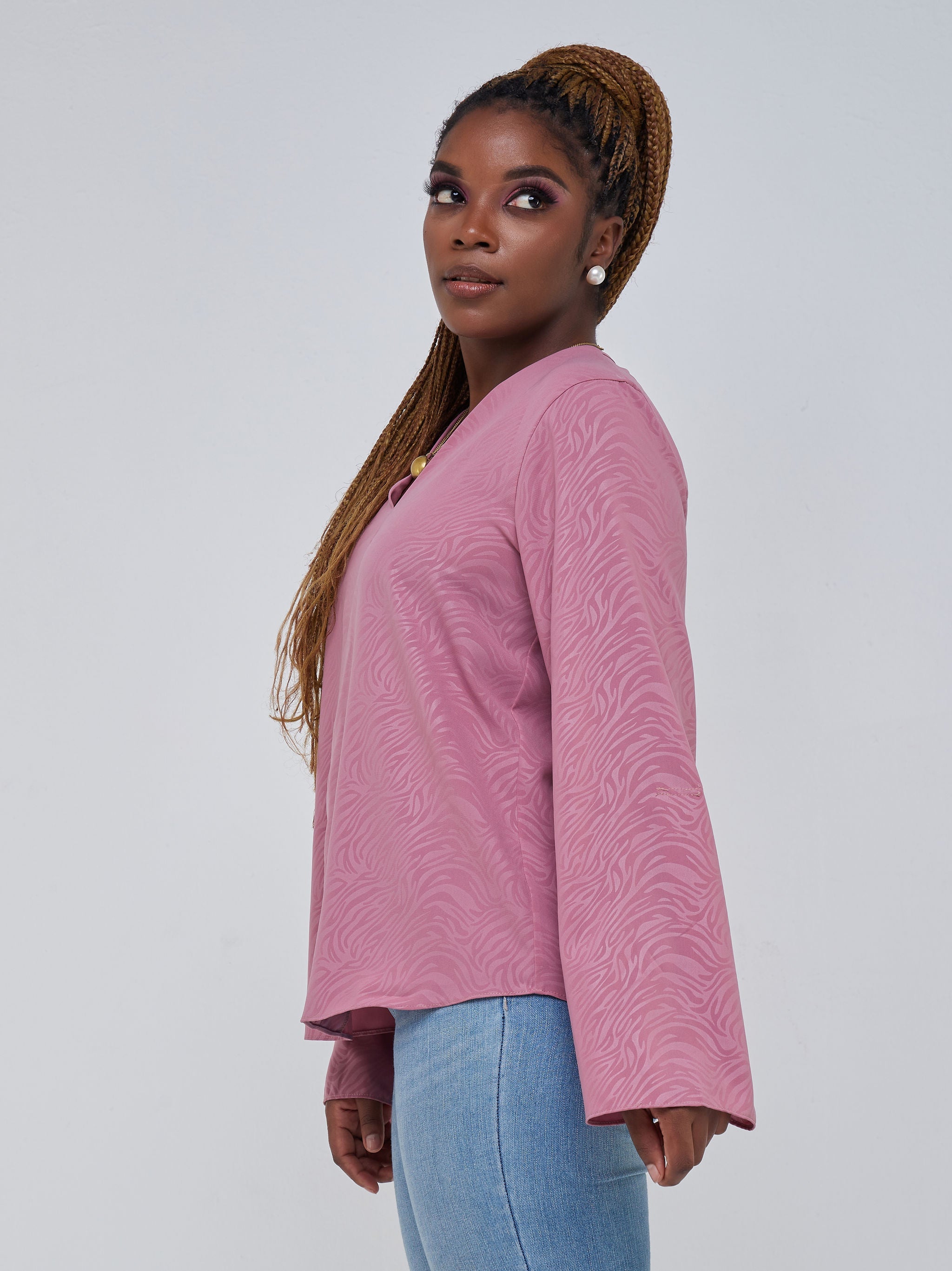Safari Kaya Long Sleeve V-Neck Top - Dusty Pink Print