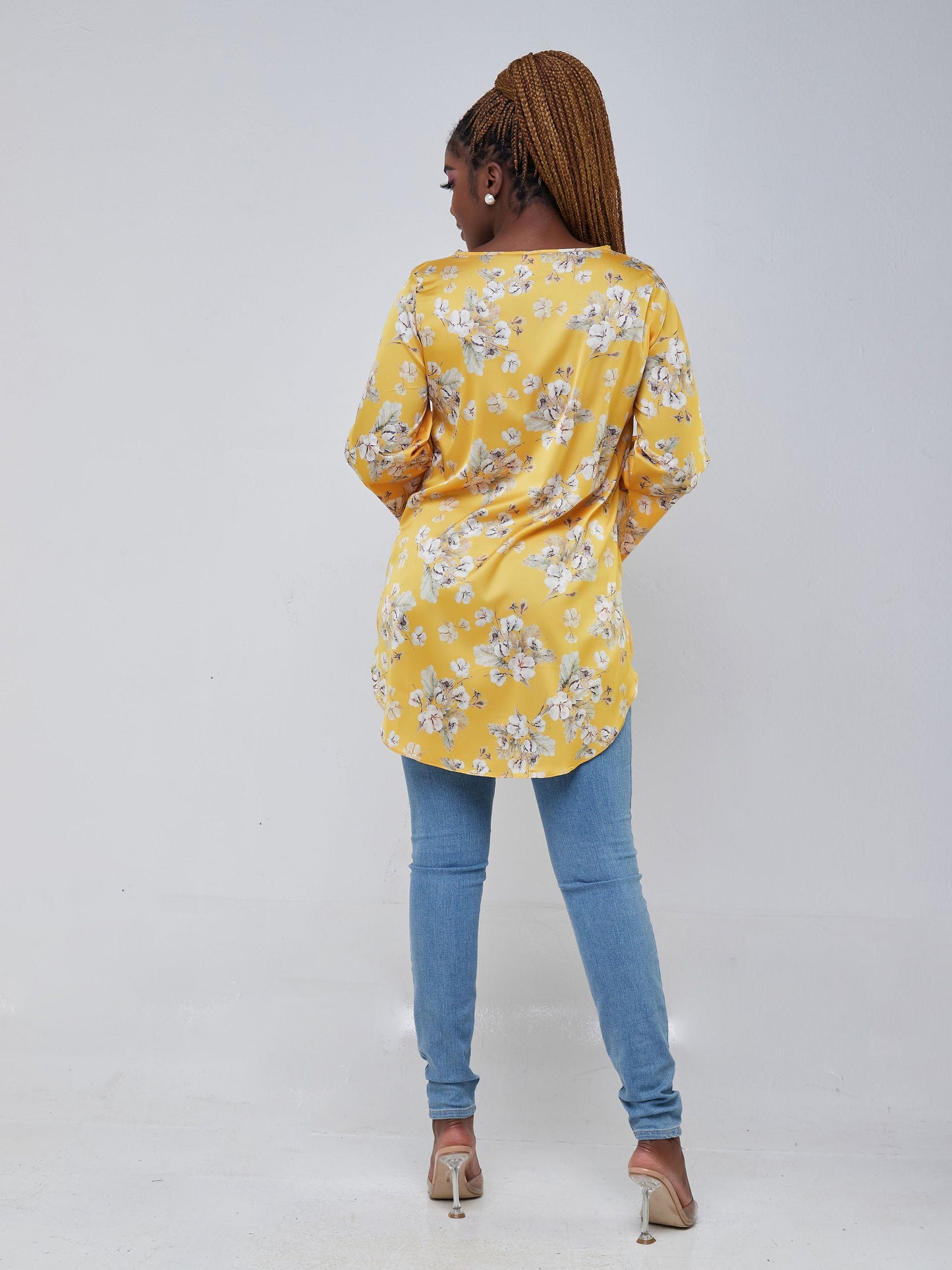 Vivo Jamila Scalloped Slit sleeve Tunic - Mustard Floral Print