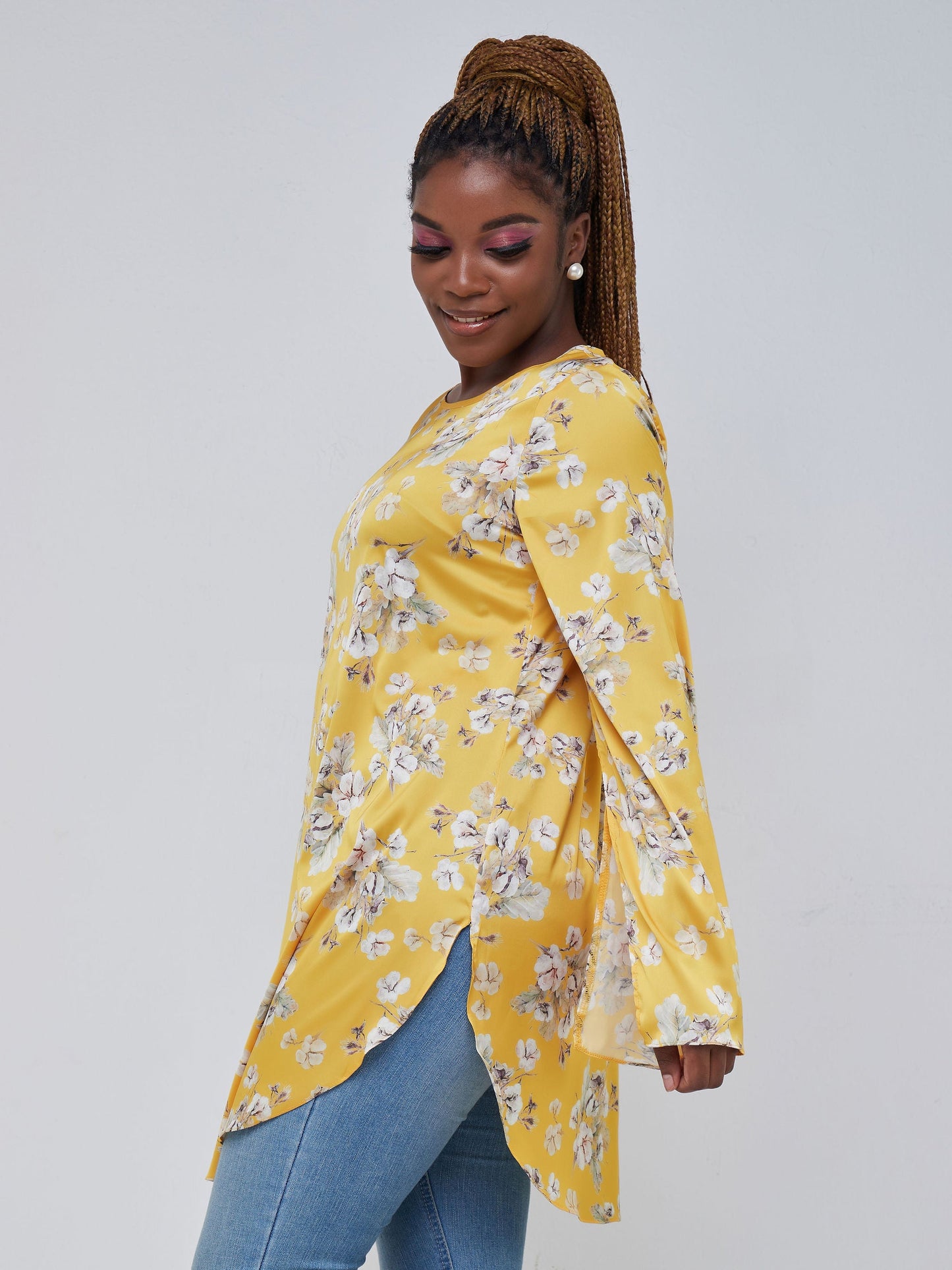 Vivo Jamila Scalloped Slit sleeve Tunic - Mustard Floral Print