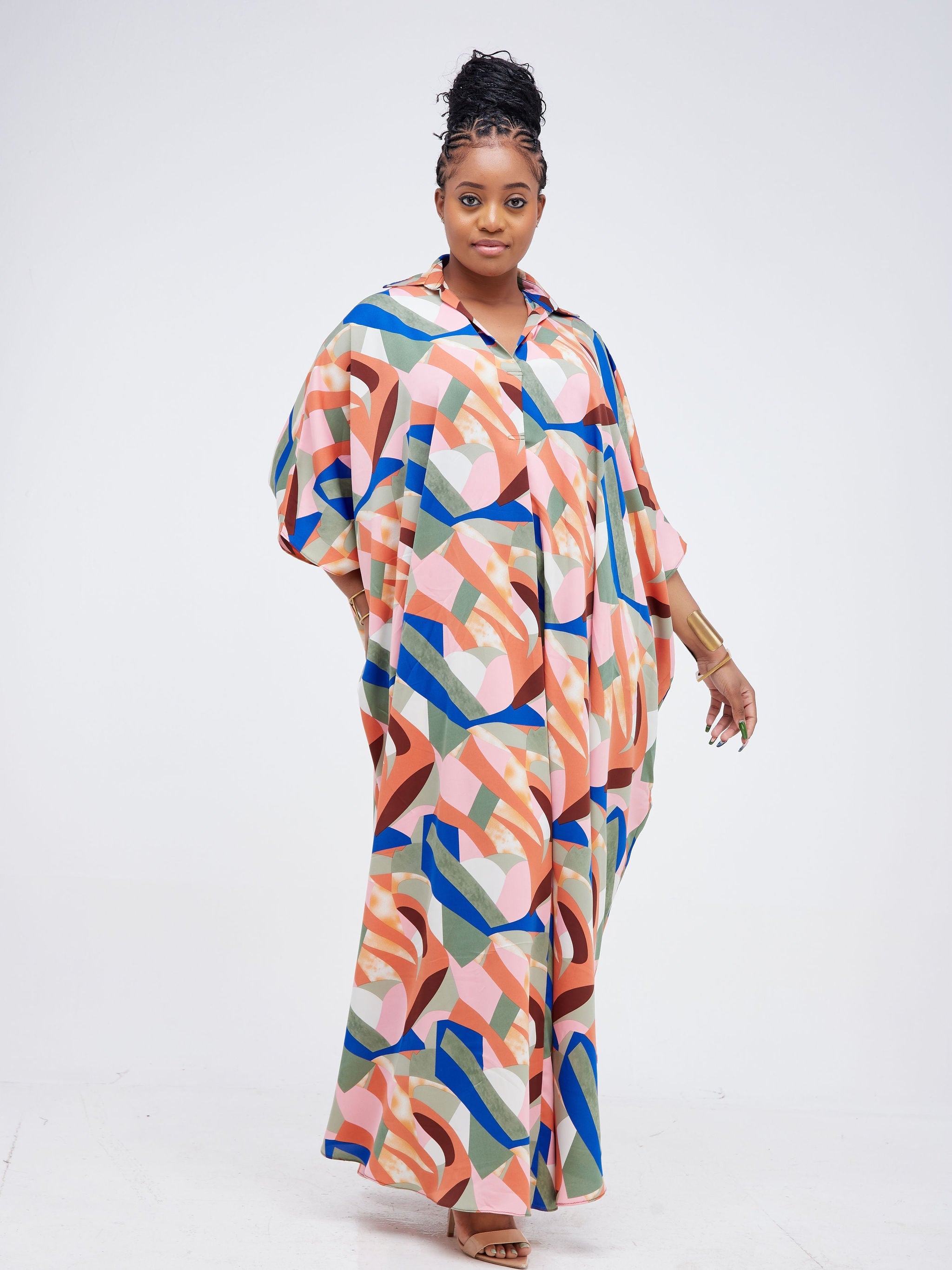 Vivo Muna Oversized Maxi Shirt - Blue / Brown Geometric Print