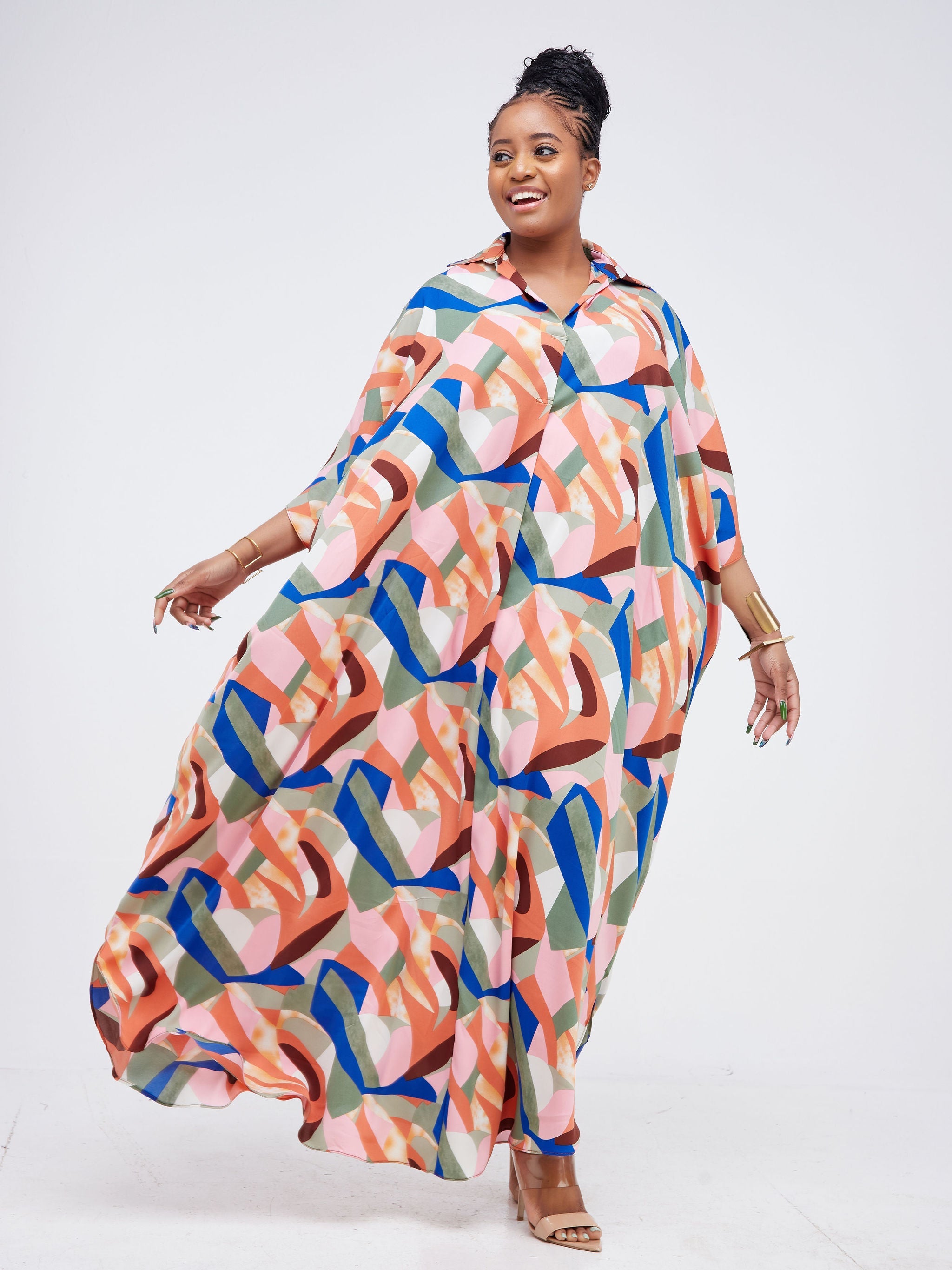 Vivo Muna Oversized Maxi Shirt - Blue / Brown Geometric Print