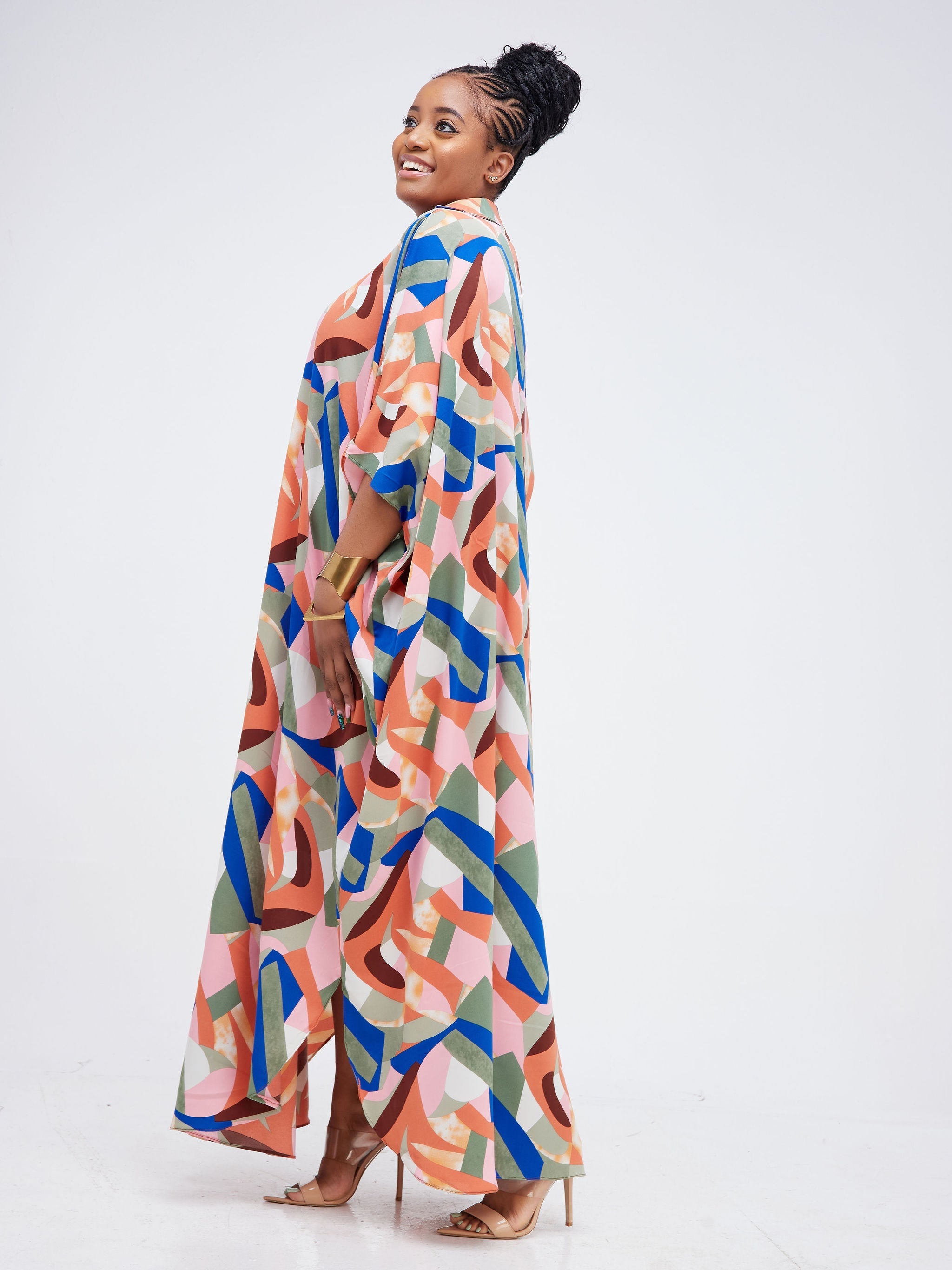 Vivo Muna Oversized Maxi Shirt - Blue / Brown Geometric Print