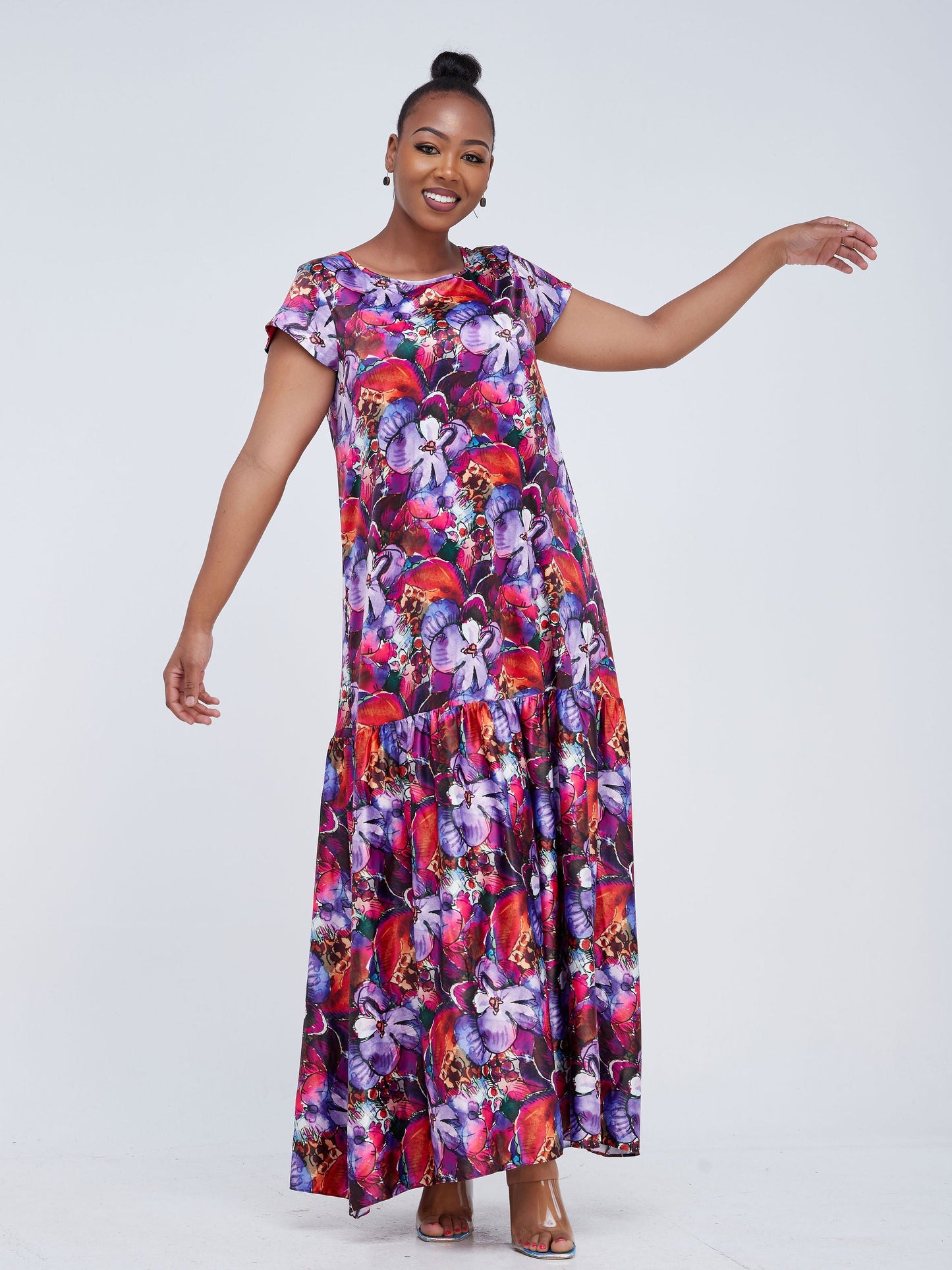 Vivo Jamila 1 Tier Maxi Dress - Purple / Red Abstract Print