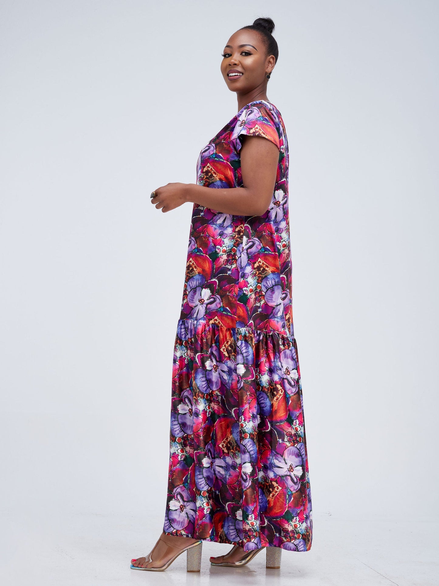 Vivo Jamila 1 Tier Maxi Dress - Purple / Red Abstract Print