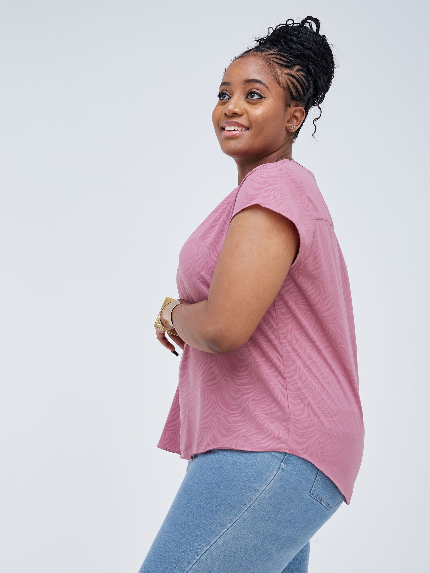 Safari Kaya Cap Sleeve V-Neck Top - Dusty Pink Print
